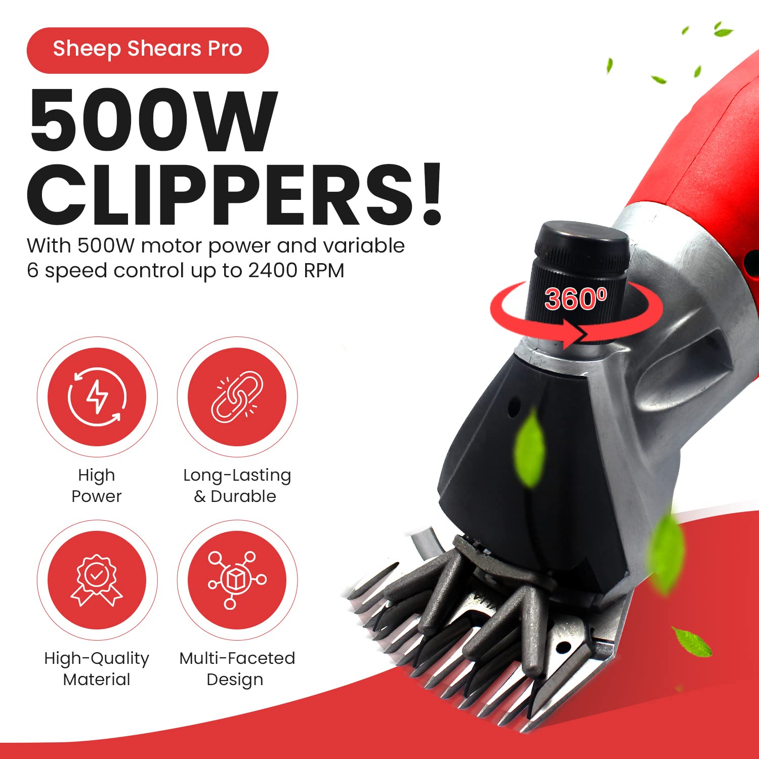 Sheep Shears Pro 110V Heavy Duty Electric Clippers, 500W, 6 Speed, for Sheep, Goats, Cattle, with Grooming Case - Red