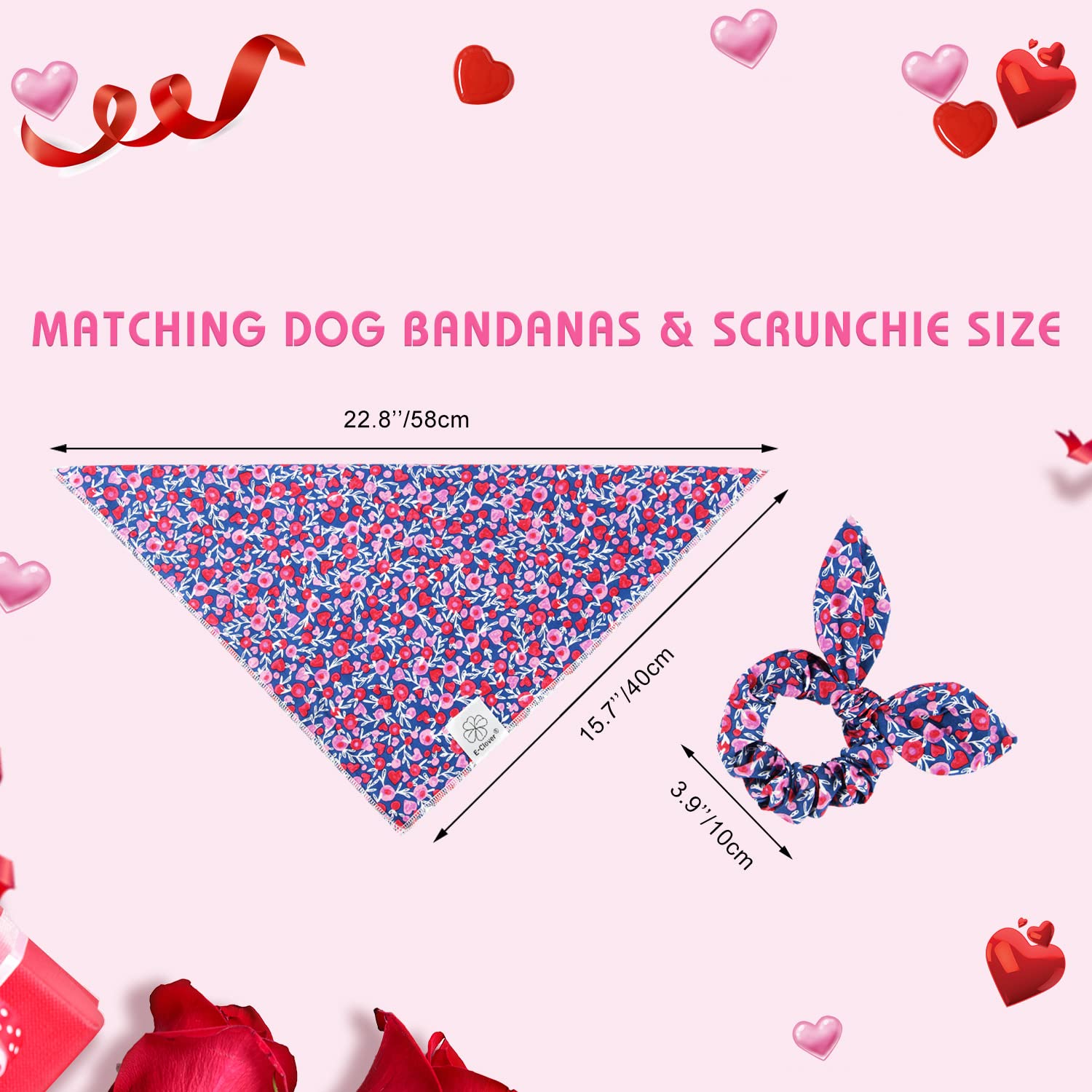 E-Clover Cute Girl Dog Bandanas & Matching Scrunchie Set Heart Dog Bandana Scarf With Bow Hair Ties For Small Puppy Dogs Pet Own