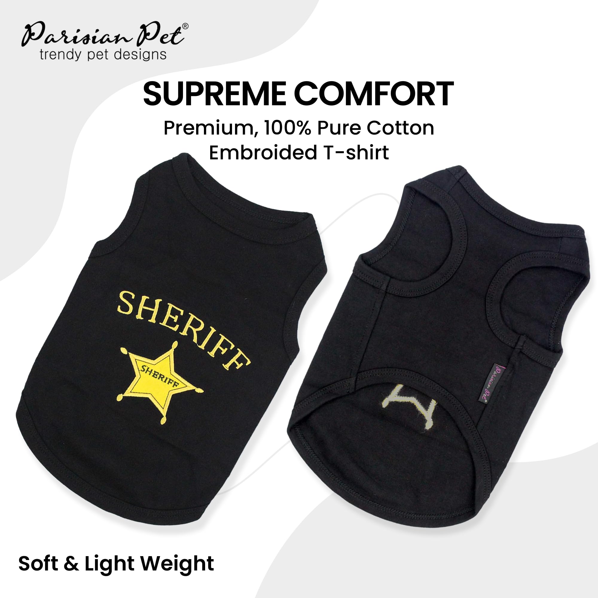 Parisian Pet Dog Tshirt - Embroidered “ Sheriff “ Dog Shirt - Lightweight And Skin Friendly Dog Clothes - Sleeveless Dog Tee Shirts - Machine Washable Dog Shirt For Large Dogs - L