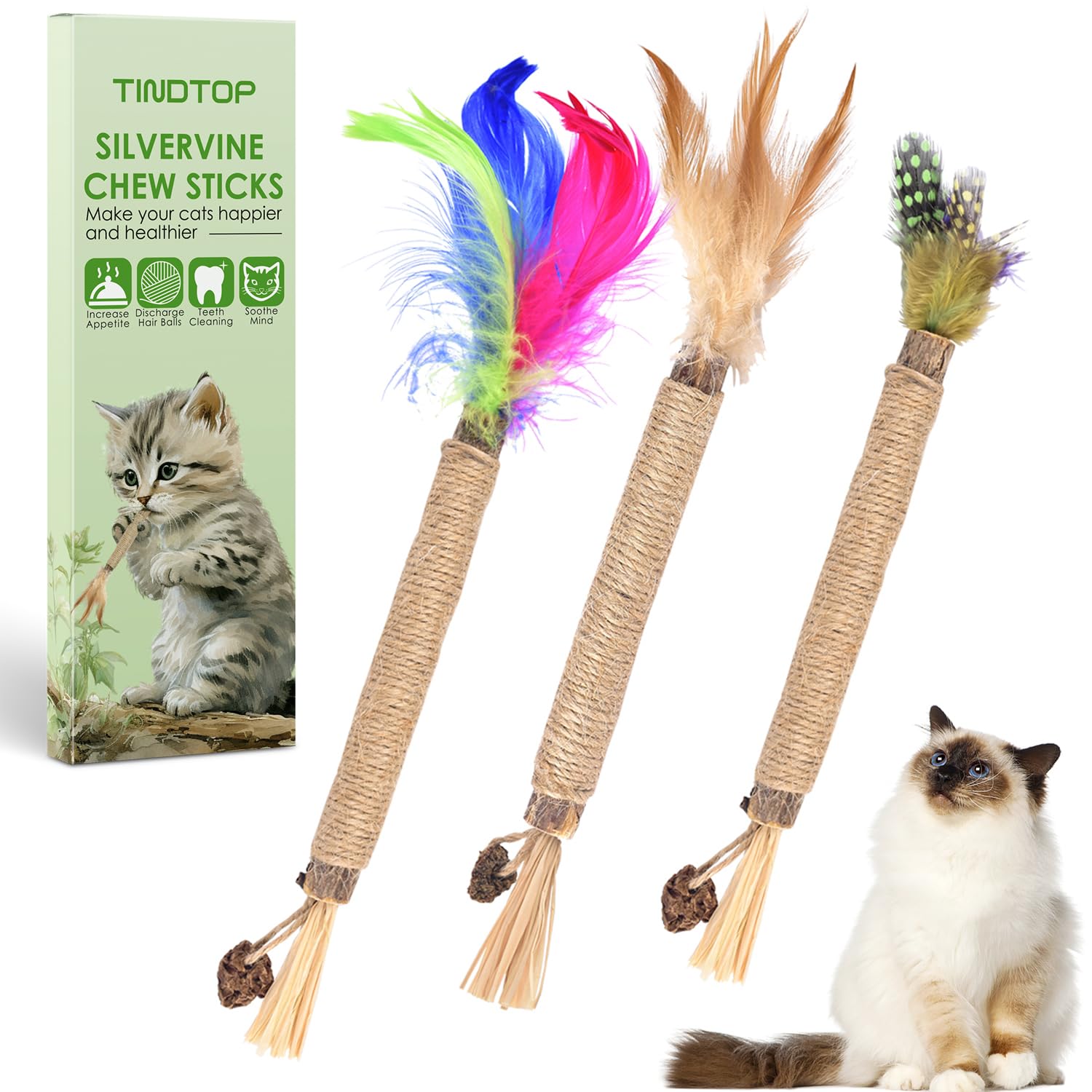 TINDTOP Silvervine Sticks for Cats with Natural Feather, Catnip Chew Toys for Kittens Teeth Cleaning, Matatabi Dental Care, Calm