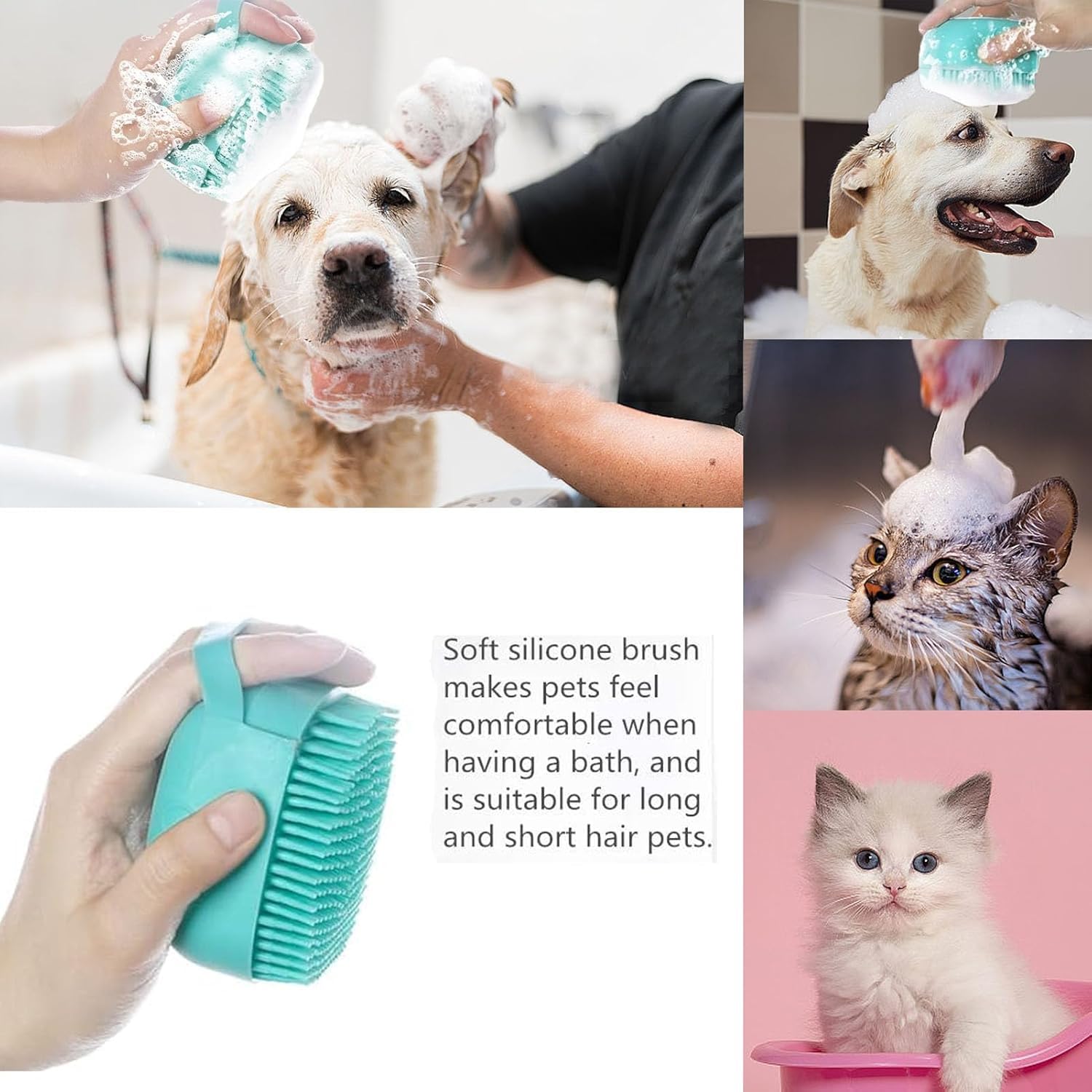 Hfpengzan Pet Bath Scrubber Brush, Dog Grooming Massage Shampoo Bath Brush With Soap And Shampoo Dispenser Soft Silicone Bristle