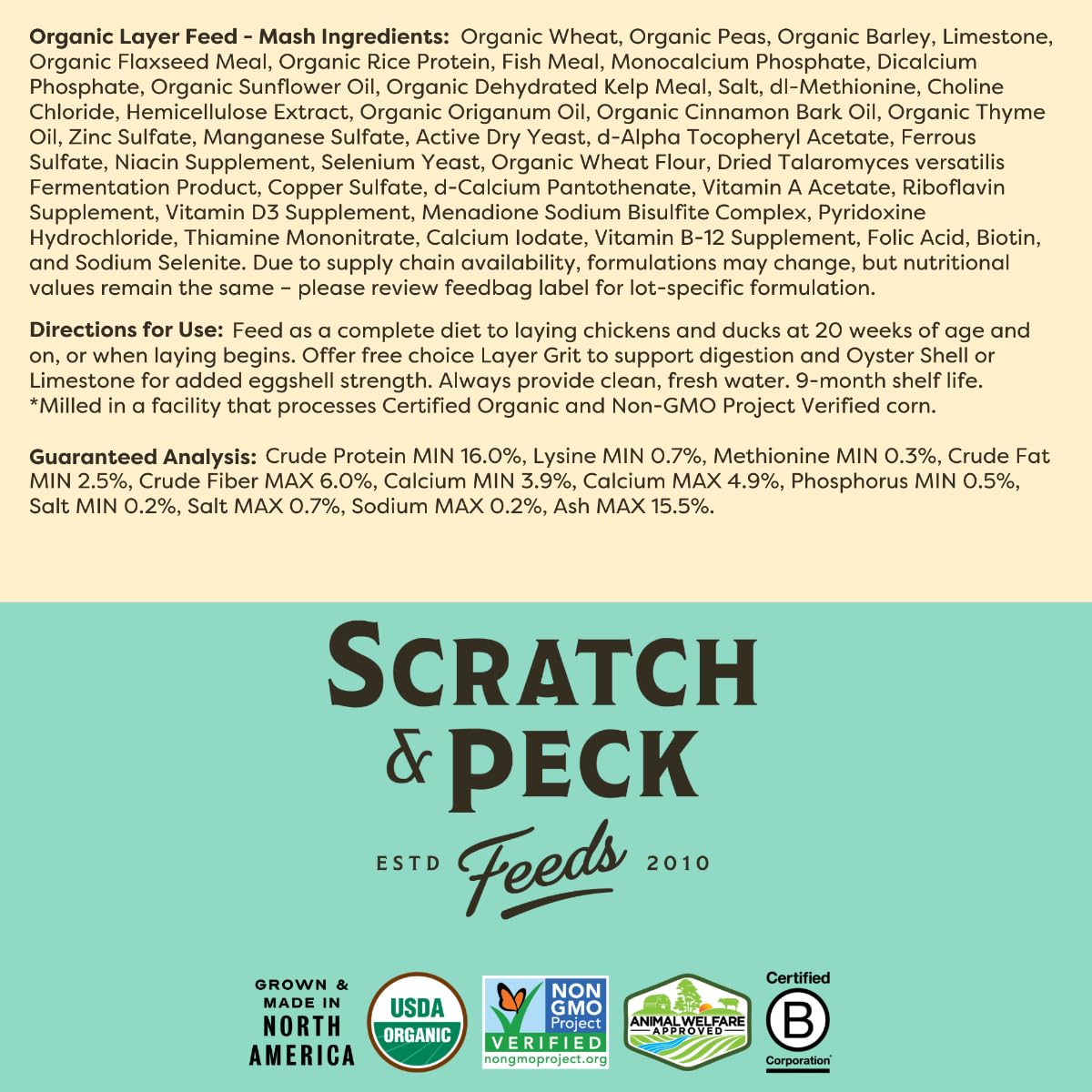 Scratch and Peck Feeds Whole Grain Layer Mash Chicken and Duck Feed - 25 lbs Bag - Corn-Free and Soy-Free - 16% Protein, Certifi