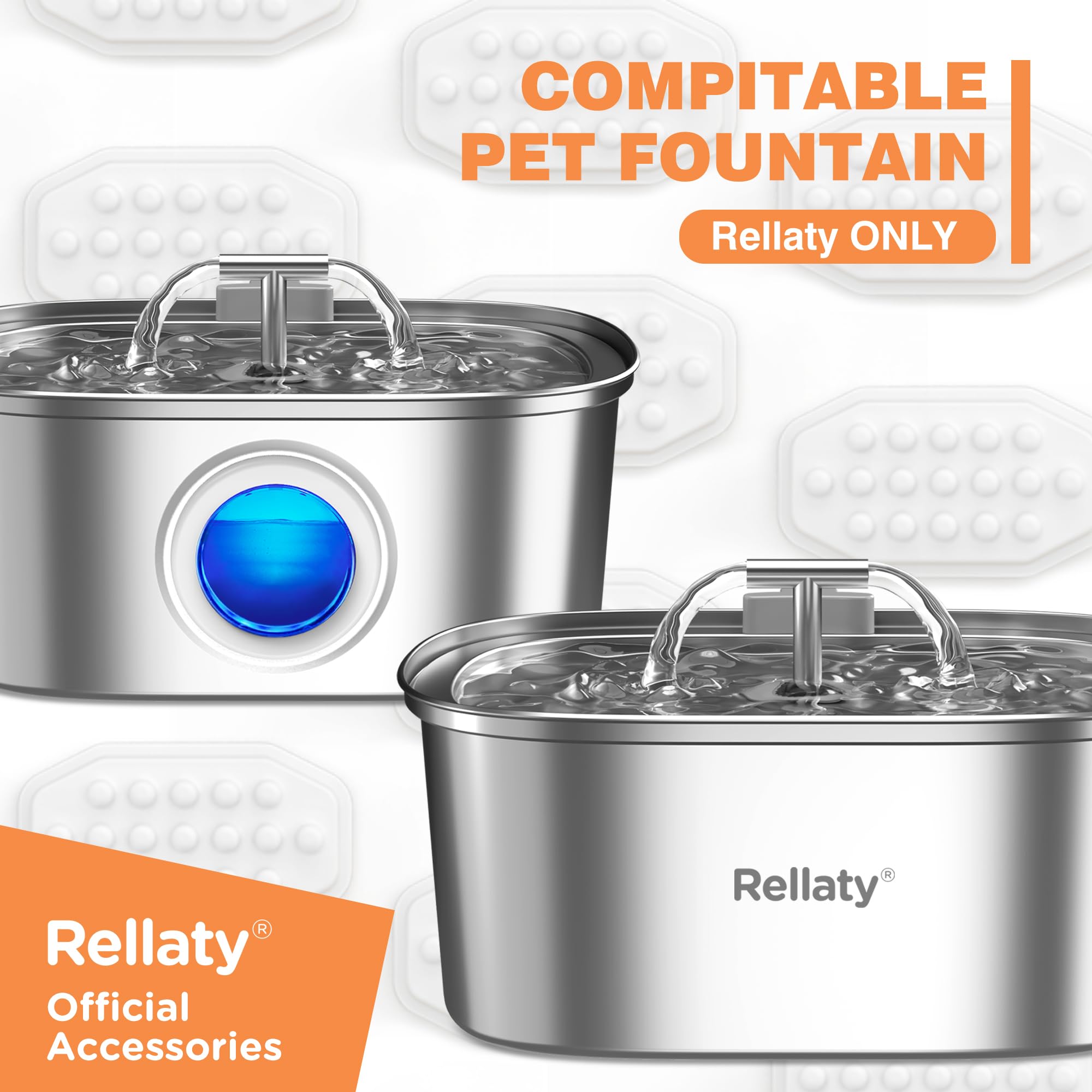 Rellaty Cat Water Fountain - Stainless Steel with 8 Filters & Pre-Filter Sponges - White & Black