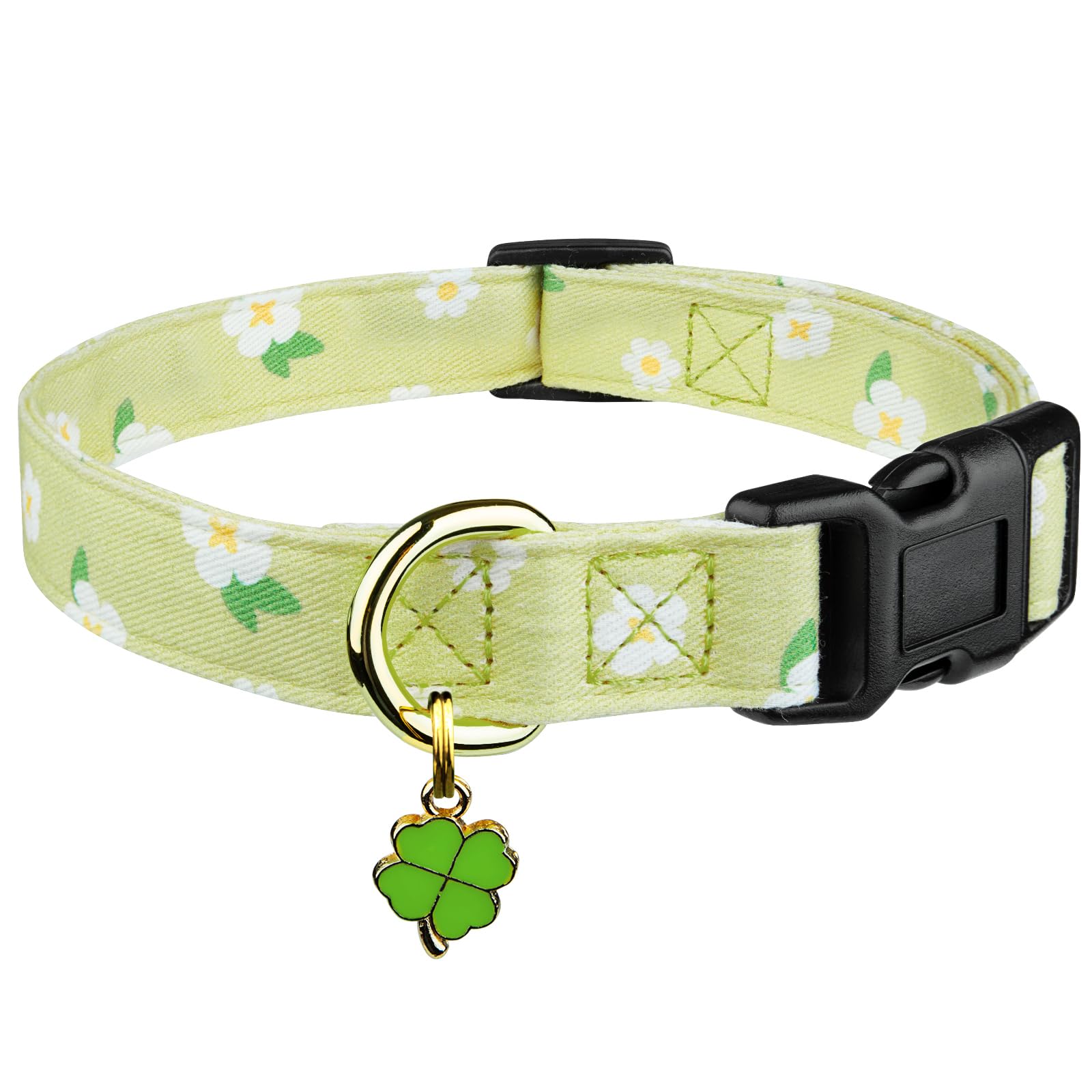 Cotton Handmade Dog Collar Cute And Distinctive Patterns Green Flower With Pendant For Girl Boy Dogs Collars L