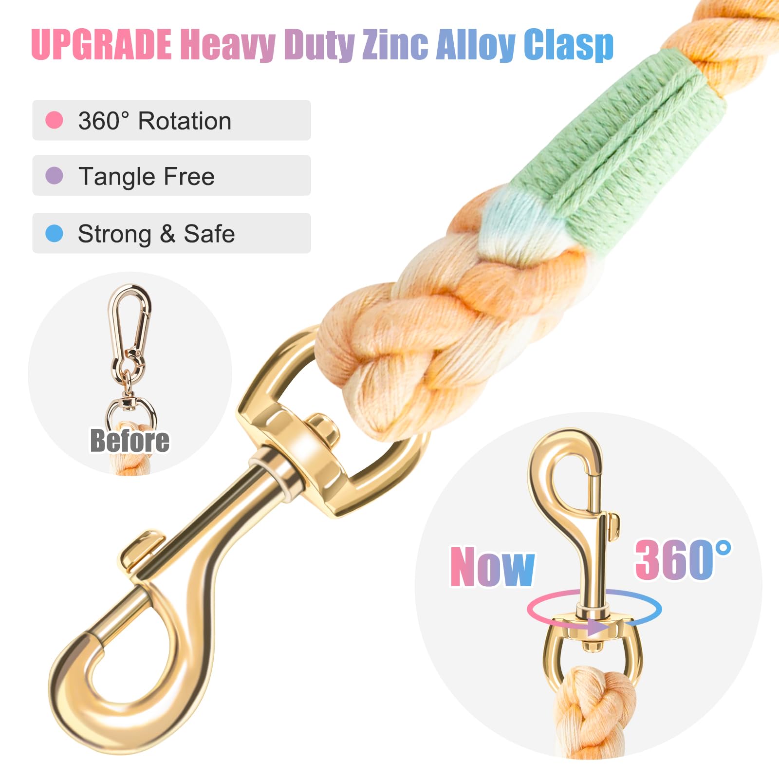 Nugutic Rope Dog Leash Handmade Braided Cotton Rope Leashes With Heavy Duty Metal Clasp, Cute Dog Leash, Wedding Dog Leash (Colorful Macaron, 5 Ft)