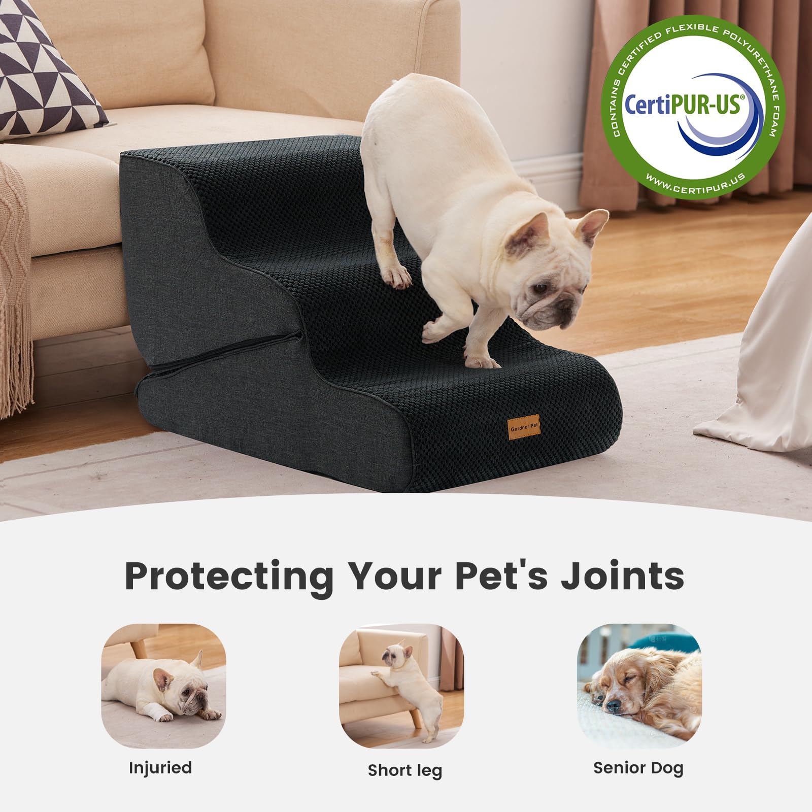 Gardner Pet Dog Stairs for Small Dogs 16.5 H, 2 in 1 Transformable 3-Step Pet Stairs and Dog Ramp for Couch (13-20 in), Black Ad