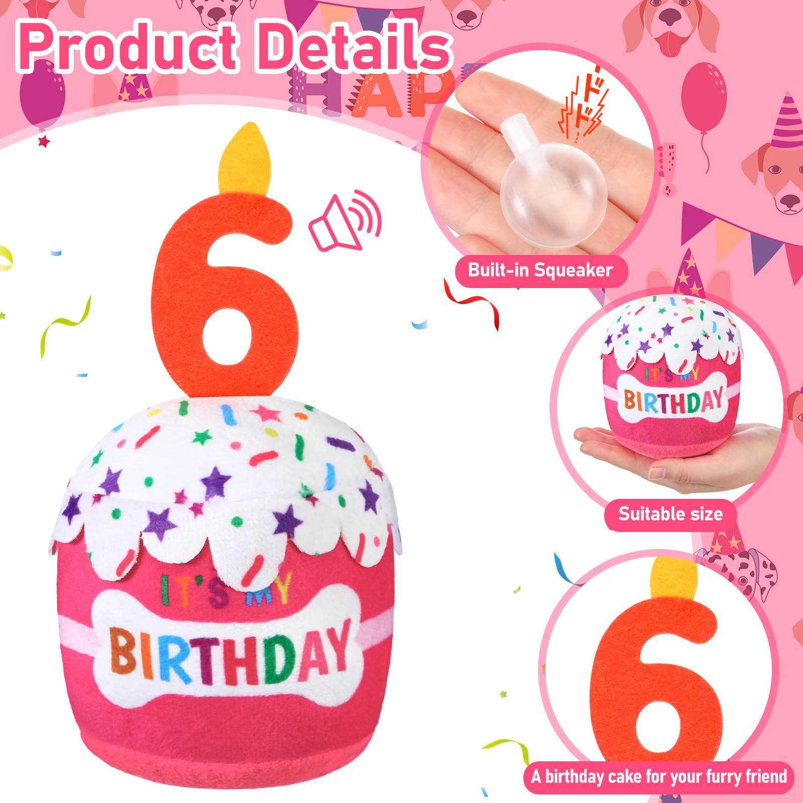 Dansydaisy Dog 6Th Birthday Cake Toy Accessories For Girl Boy Gifts, Pink Squeaky Plush Toy For Dog Birthday Party Decor Favor F