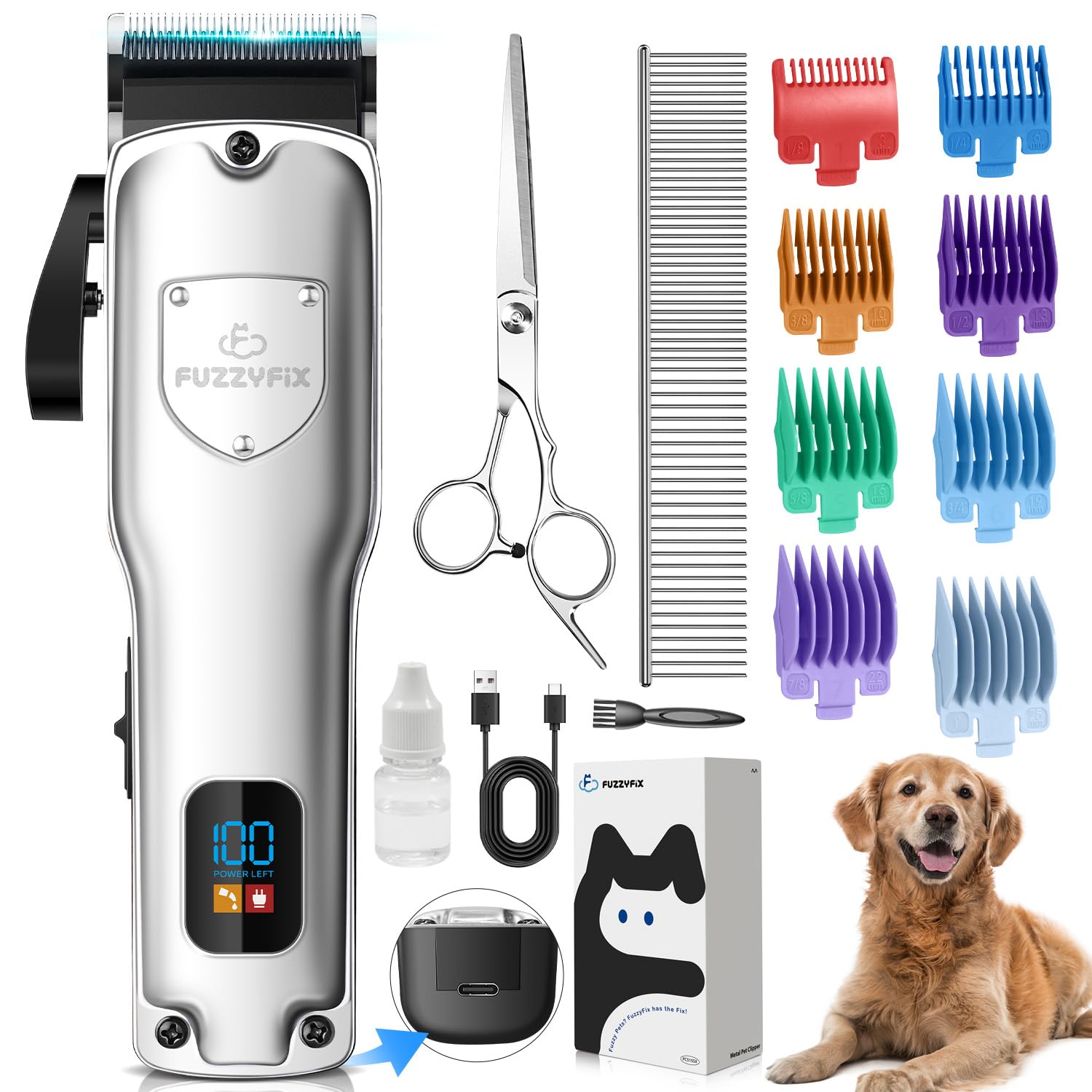 FuzzyFix Dog Clippers for Grooming for Thick Heavy Coats, Professional Pet Grooming Clippers Supplies Kit Low Noise Rechargeable