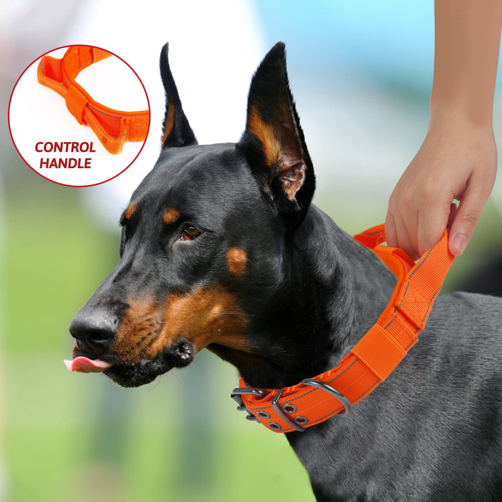 Yunleparks Reflective Dog Collar Heavy Duty Tactical With Control Handle And Metal Buckle For Dog Training(Medium, Orange)