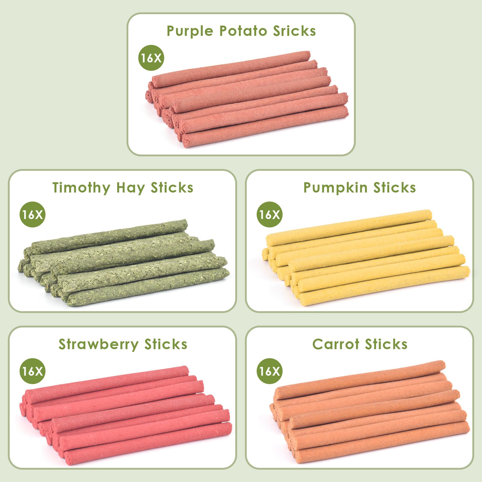 ERKOON 40Pcs Rabbit Timothy Hay Sticks, Five Flavors:PurplePotato/TimothyHay/Pumpkin/Strawberry/Carrot,Suitable Guinea Pig, Hams