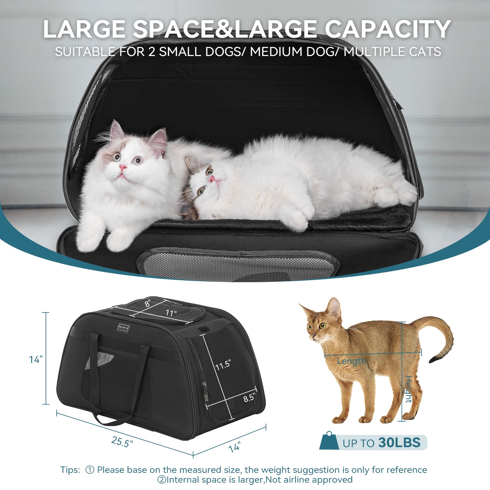 Petsfit Extra Large Pet Carrier With Wheels- Rolling Dog Carrier For 2 Small Dogs, Large Cat Carrier On Wheels With Adjustable S