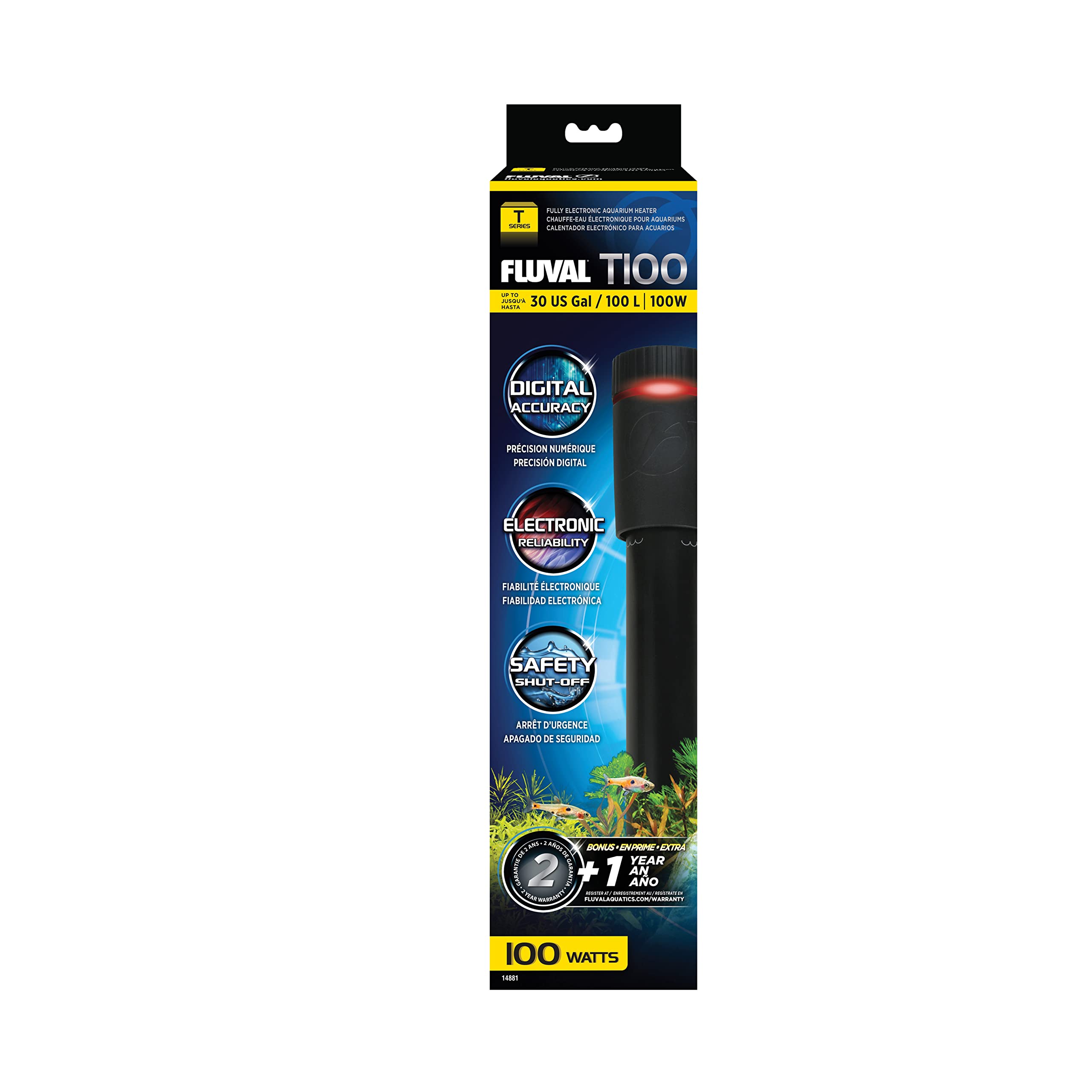 Fluval T100 Fully Electronic Heater For Freshwater Aquariums Up To 30 Gal.