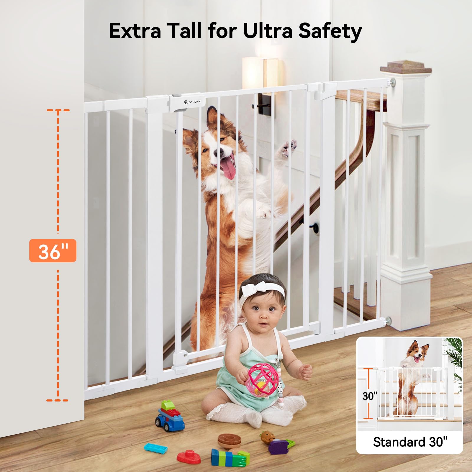 Comomy 36' Extra Tall Baby Gate For Stairs Doorways, Fits Openings 29.5' To 48.8' Wide, Auto Close Extra Wide Dog Gate For House, Pressure Mounted Easy Walk Through Pet Gate With Door, White