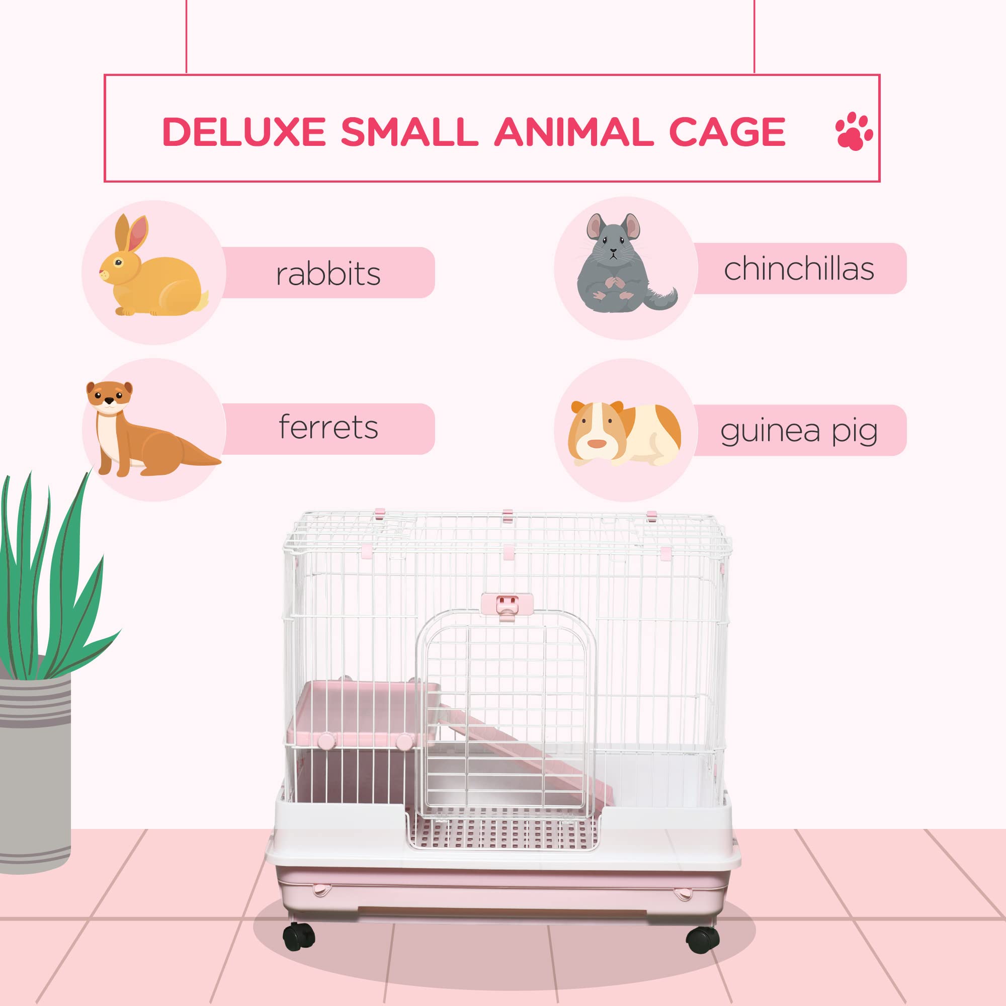 Pawhut 2-Level Small Animal Cage Rabbit Hutch With Wheels, Removable Tray, Platform And Ramp For Bunny, Chinchillas, Ferret, Pink