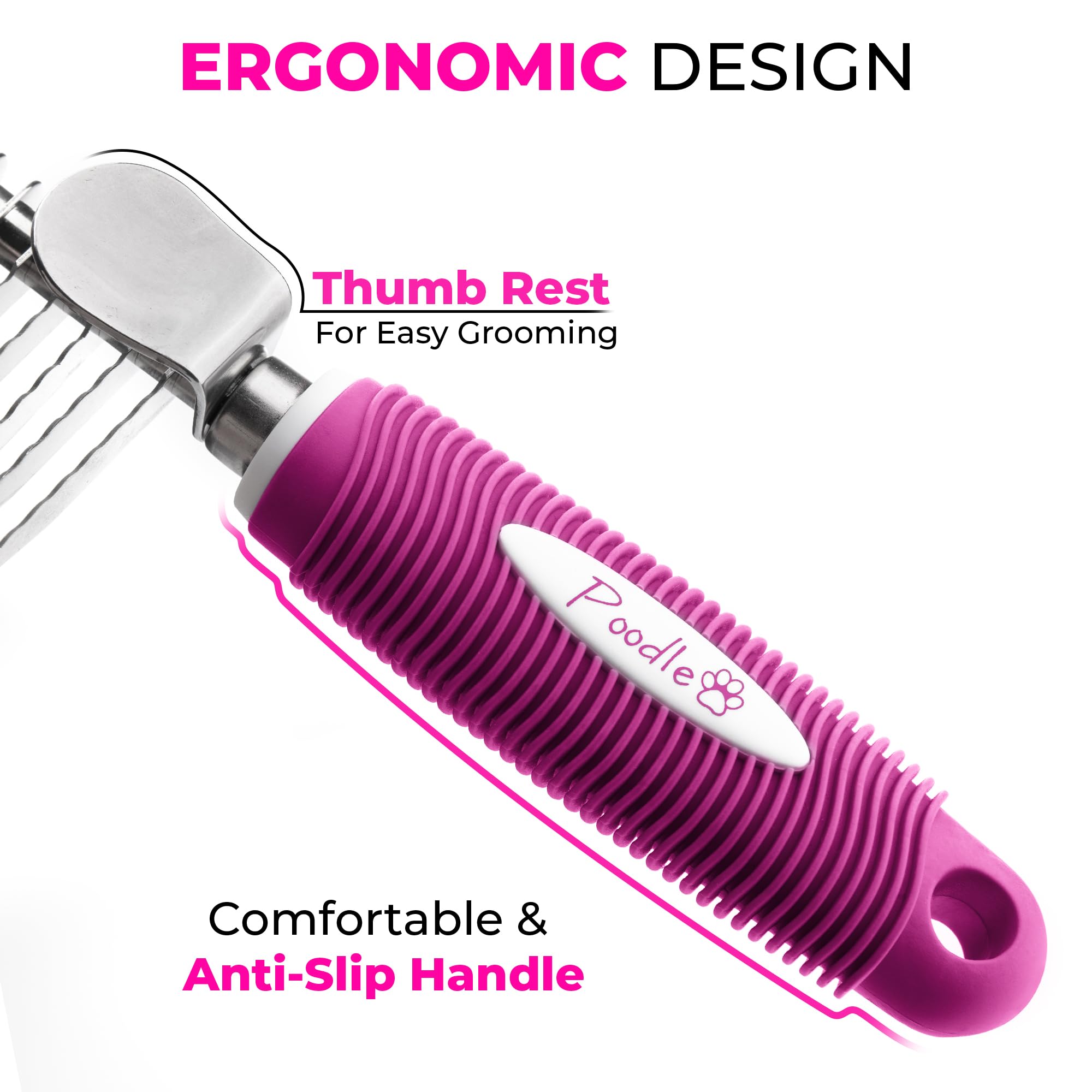 POODLIE Poodle Pet Dematting Comb - Pink Rubber Brush with 2.5" Steel Blades for Dogs & Cats