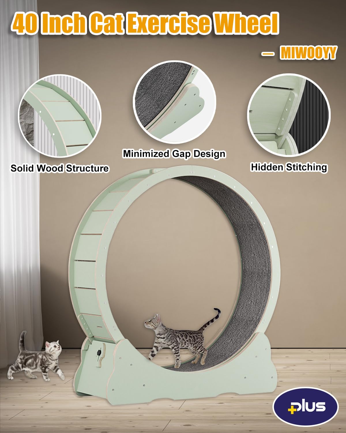MIWOOYY Large Cat Exercise Wheel 40 Inch - Mint Green Solid Wood Exerciser for Indoor Cats, Safety Treadmill with Lock & Minimiz