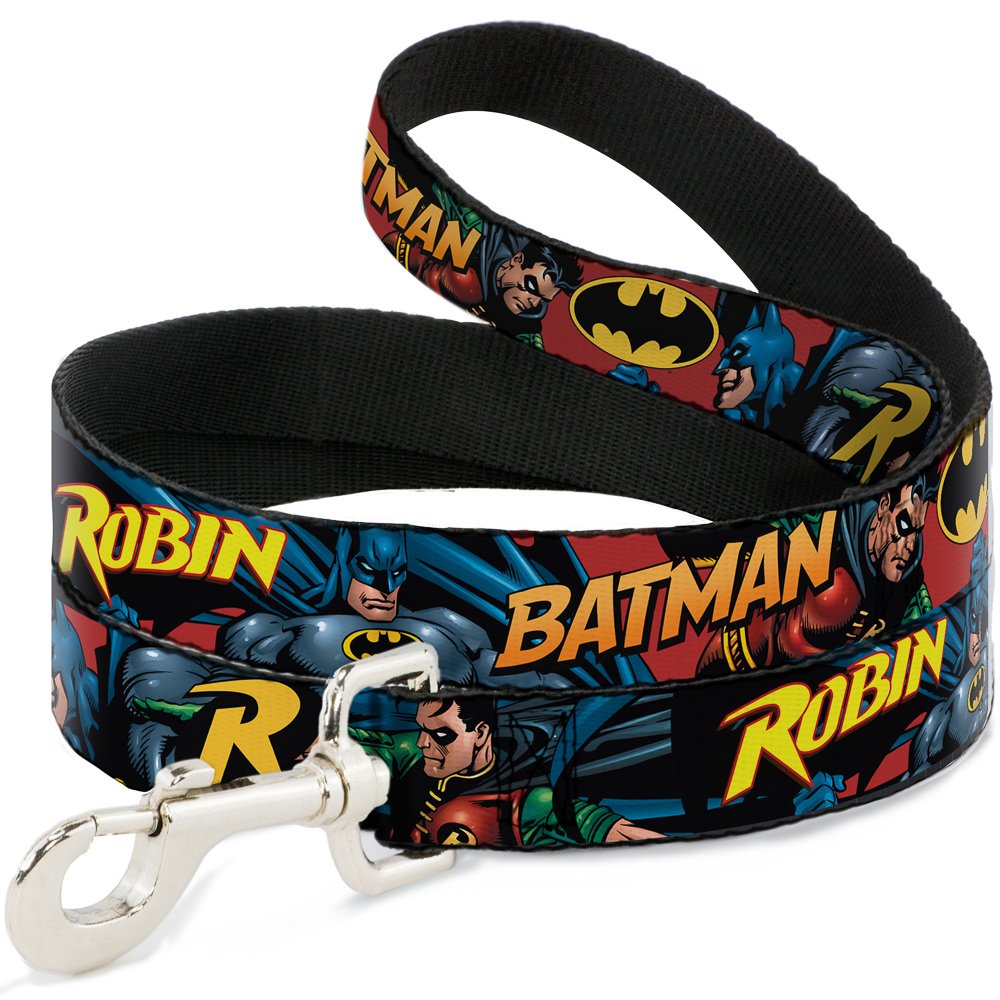 Dog Leash Batman Robin In Action Text Burgundy 4 Feet Long 0.5 Inch Wide
