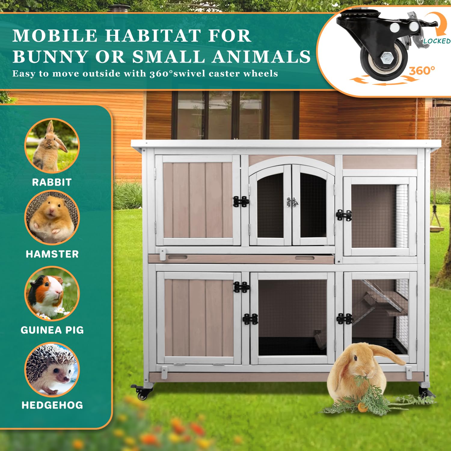 48'' L Rabbit Hutch Indoor And Outdoor 2-Story Rabbit Cage With Pull Out Tray,Fir Wood Pet House With Wooden Ramp,Waterproof Bun