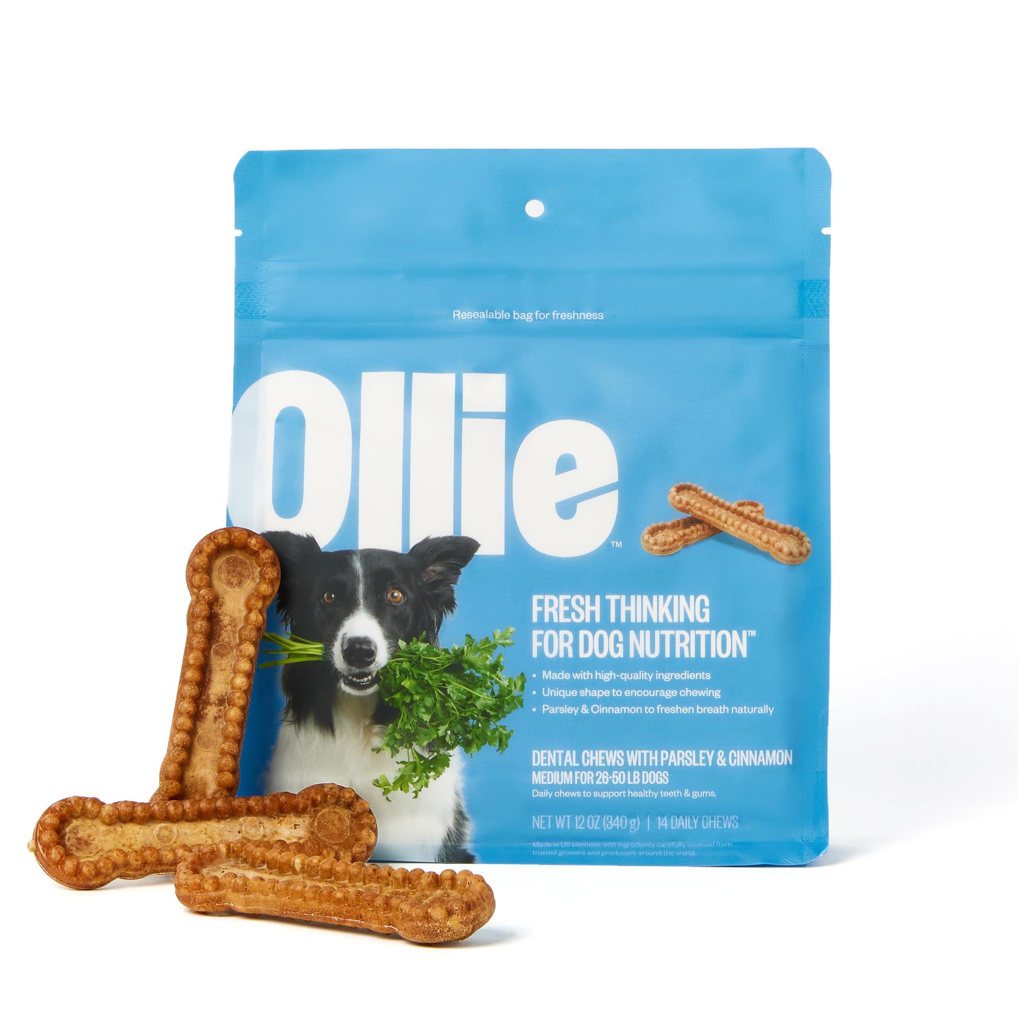 Ollie Dental Chews for Medium Dogs, 12 Oz, Fresh Breath, Teeth Cleaning Treats, Sticks for Dog Oral Care, with Parsley and Cinni