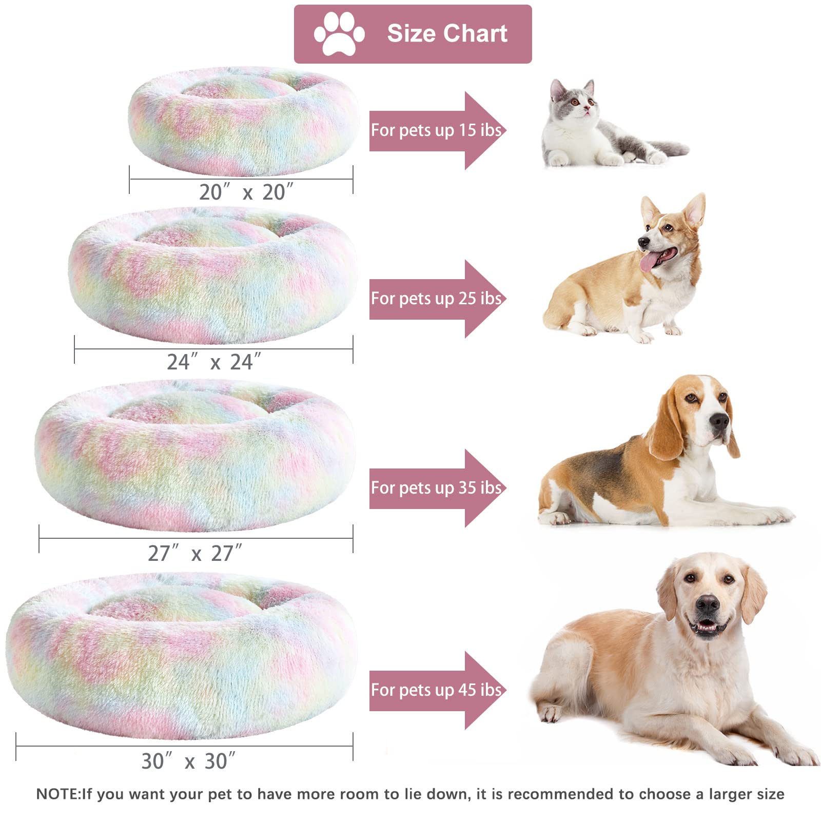 Wnpethome Calming Dog Bed Cat Bed Donut, Faux Fur Pet Bed Self-Warming Donut Cuddler, Comfortable Round Plush Dog Beds