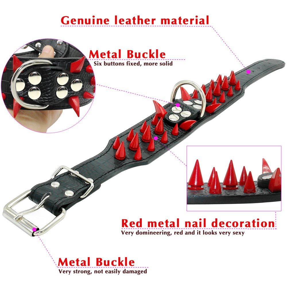 Berry Pet Sharp Spiked Studded Dog Collar - Stylish Leather Dog Collars - 2 Inch In Width Fit For Medium & Large Dogs - Such As Pitbull Mastiff - Black Rivets & Red Leather,21-24'