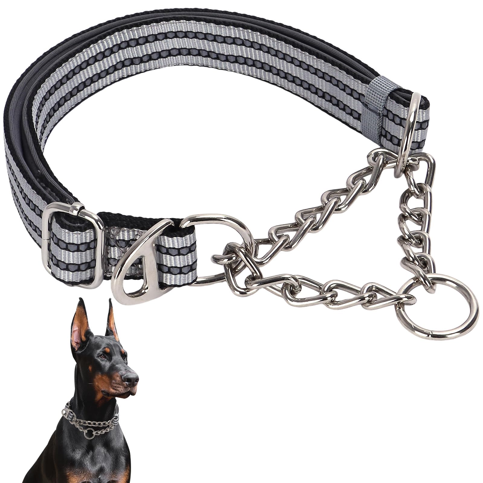 Martingale Collar With Steel Chain,Reflective Nylon Dog Collar With Soft Padded Adjustable Training No Slip Dog Collars (Xl Silv