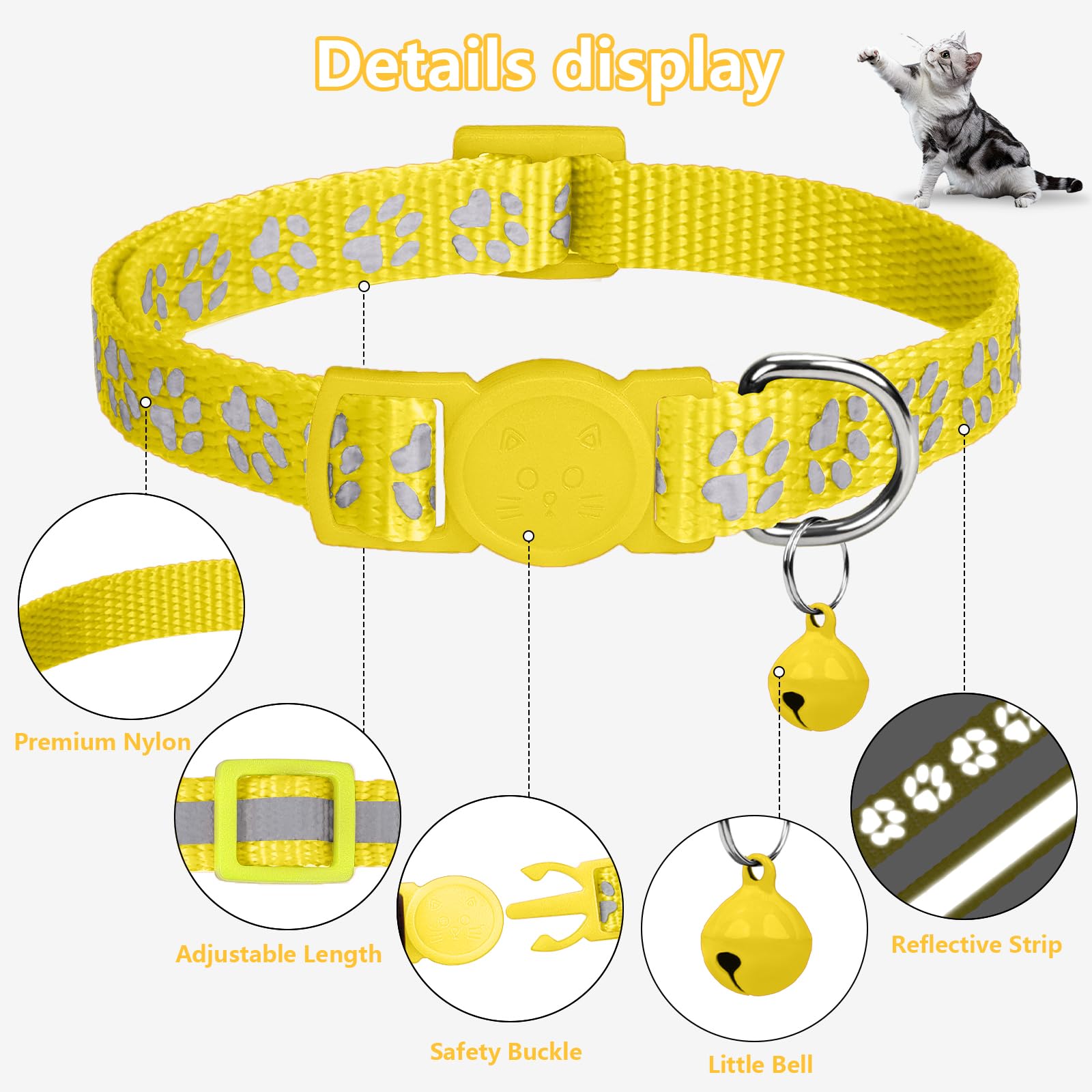 Taglory Reflective Cat Collars Breakaway With Bell, 2 Pack Girl Boy Pet Kitten Collar Adjustable 6-8 Inch, Yellow