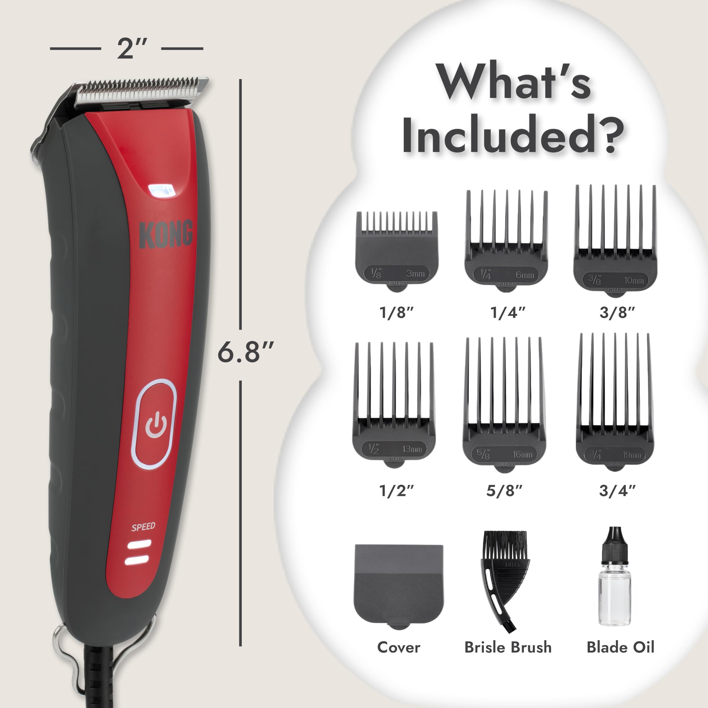Kong 2-Speed Dog Clipper Grooming Kit - Stainless Steel Blade, Waterproof, LED Spotlight, 6 Guide Combs, 8-Foot Cord, Ergonomic