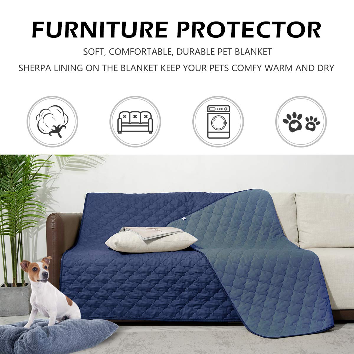 Dog Blankets For Couch Protection Waterproof Dog Bed Covers Pet Blanket Furniture Protector (Navy+Blue, 68'X82')