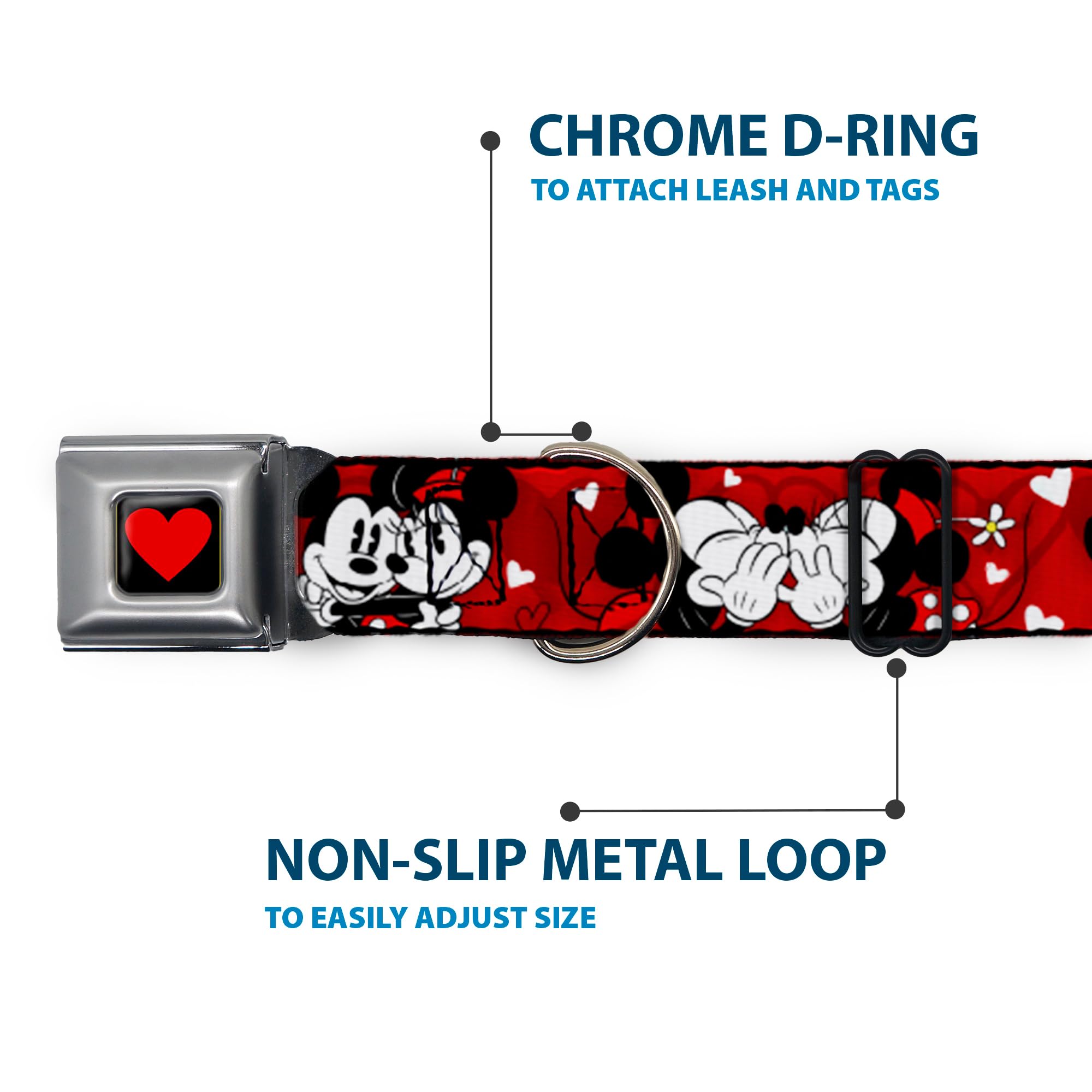Buckle-Down Dog Collar Seatbelt Buckle Mickey Minnie Hugs Kisses Poses Reds White, Multicolor, 1.5' Wide - Fits 16-23' Neck -