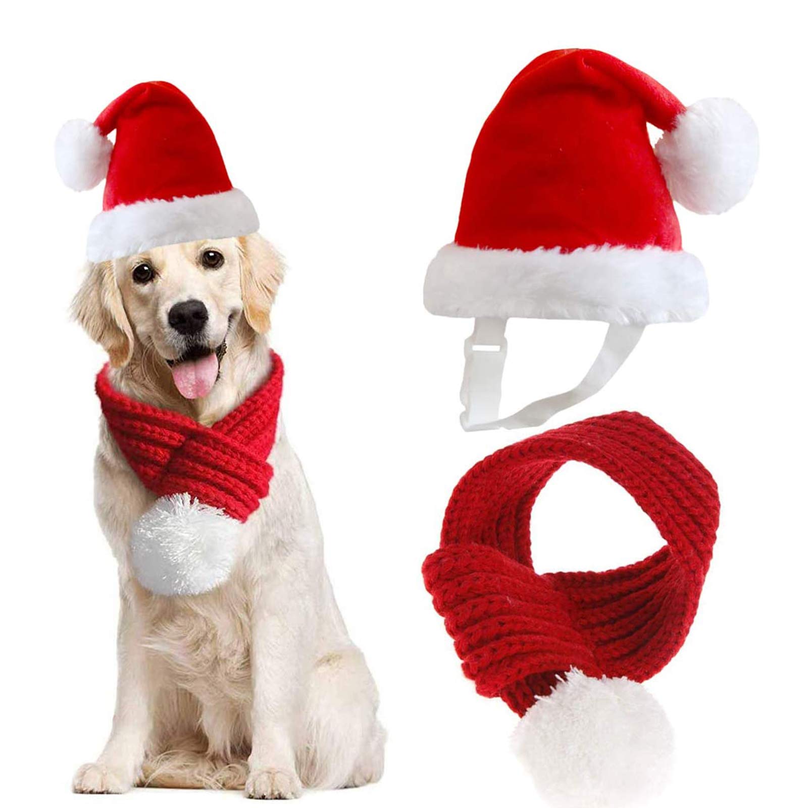 Inscape Data Christmas Dog Santa Hat with Scarf, Adjustable Santa Hat for Dog and Xmas Pet Knit Red Scarf with White Pompom Ball