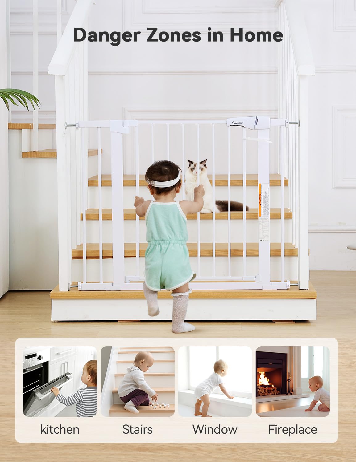 Comomy 30' Tall Baby Gate For Stairs Doorways, Fits Openings 29.5' To 43.3' Wide, Auto Close Extra Wide Dog Gate For House, Pressure Mounted Easy Walk Through Pet Gate With Door, White