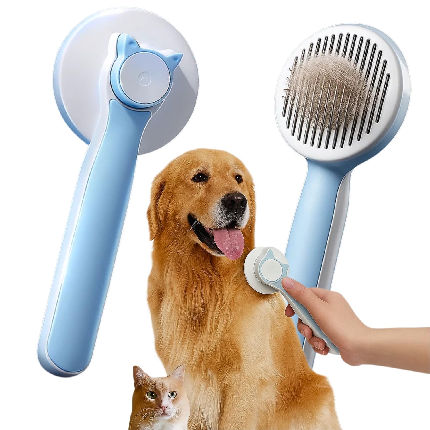 Sage Square 19Cm Self Cleaning Round Comb Brush For Dogs & Cats | Back Button Fur Removal Grooming Tool | Elegant, Portable Desh