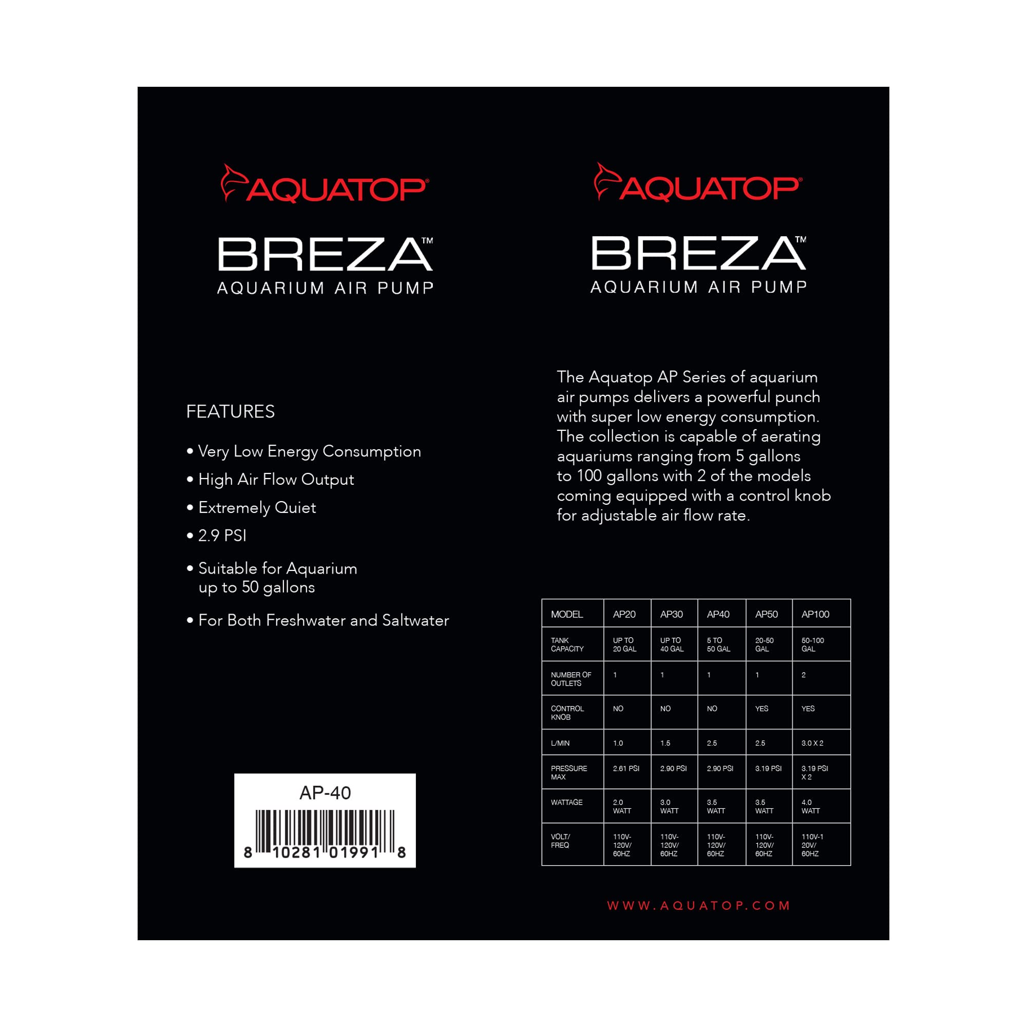 Aquatop Breza Aquarium Air Pump Single Outlet, Hi/Low output, Super Quiet, up to 50 Gal Fish Tank, AP-40