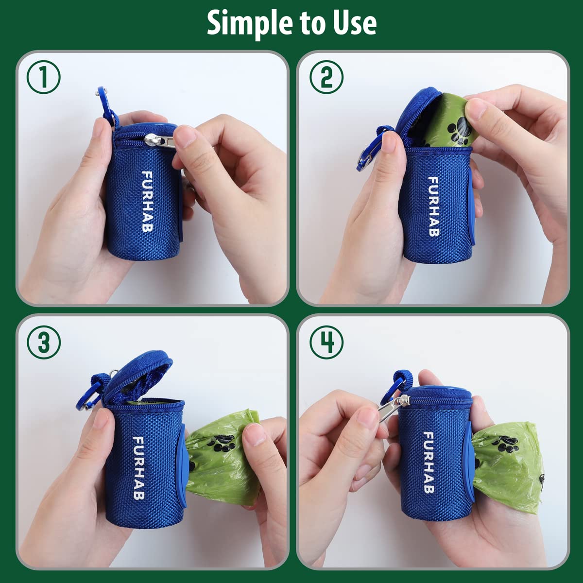 FURHAB Dog Poop Bag Holder - Soft Fabric Zipper Pouch with Carabiner, 1 Count, Royal Blue, 1680D Nylon, Model PBD-RB