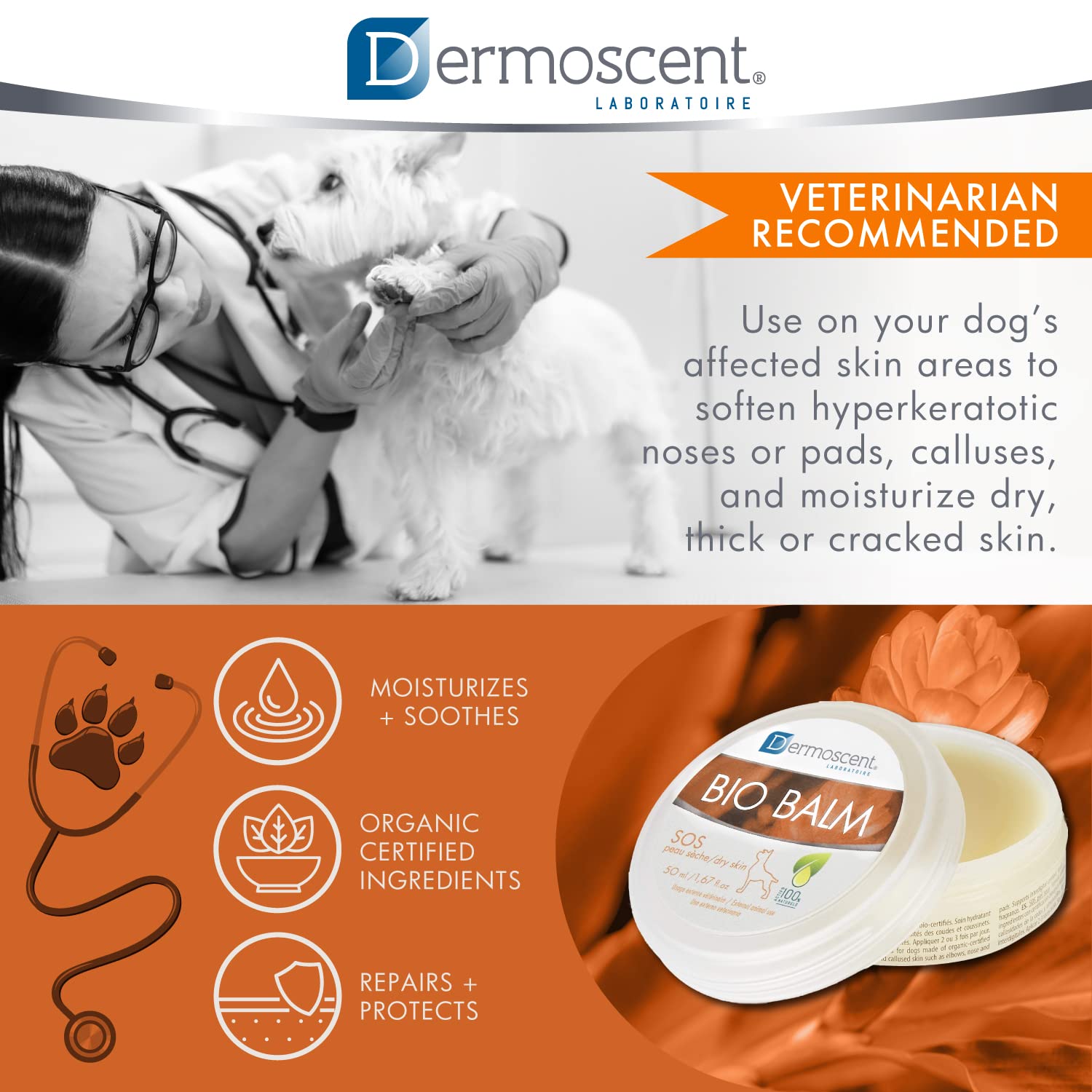 Dermoscent Bio Balm - Natural Healing Dog Paw Moisturizer, 1.67 Fl Oz, Veterinarian-Approved for Dry & Cracked Paws