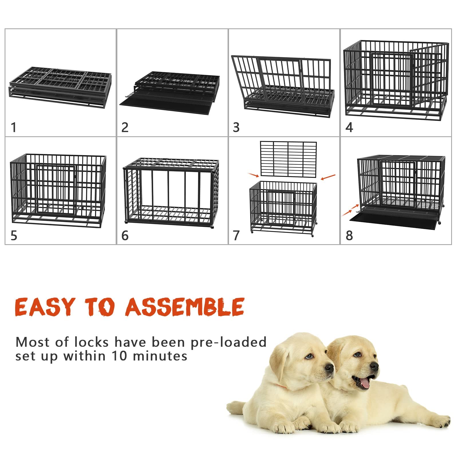 LEMBERI Heavy Duty Dog Crate - Indestructible Escape Proof Kennel, 48/38 Inch, Alloy Steel, Black, Double Door, Lockable Wheels