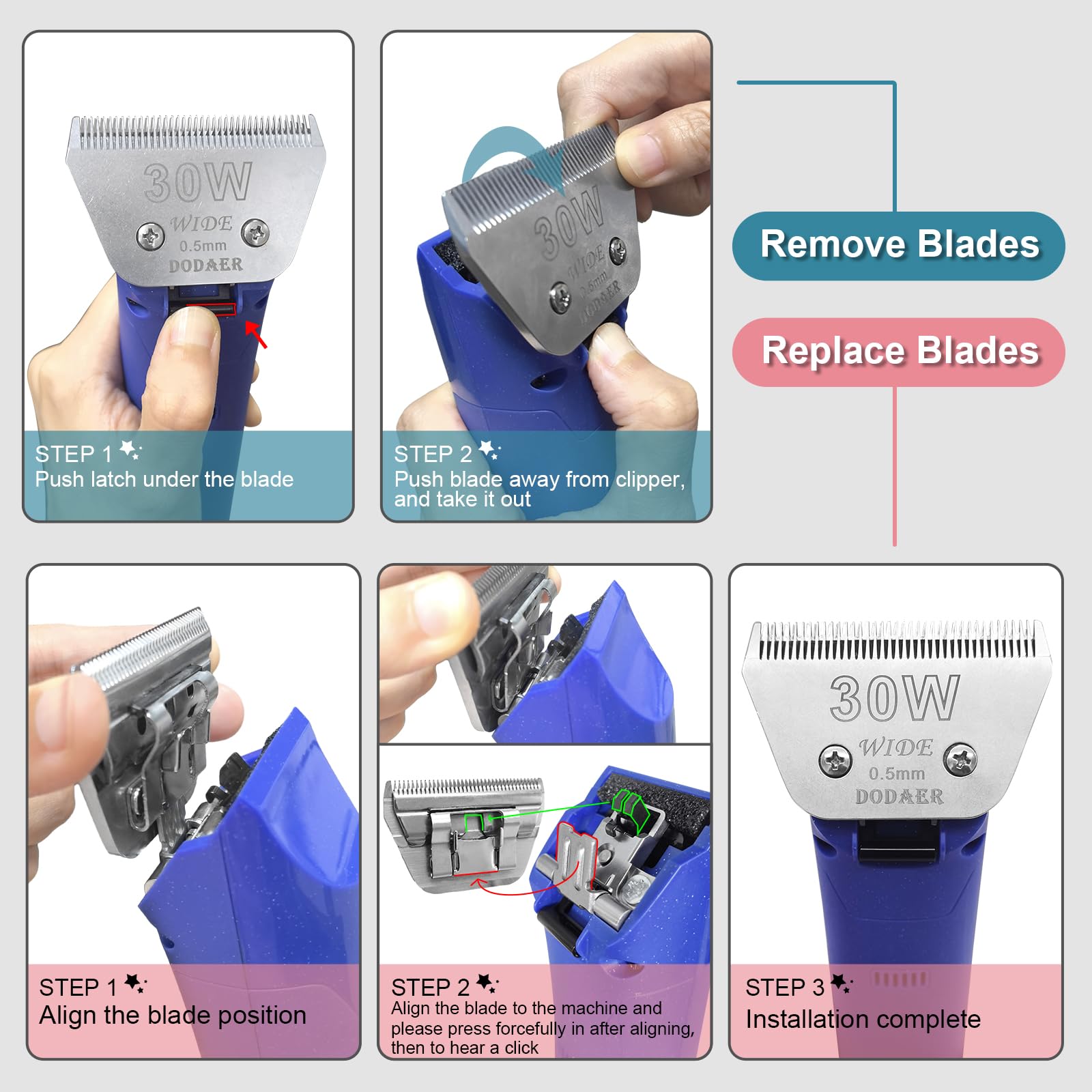 Dodaer 2 Pack 7 Wide Blades For Dog Grooming,Compatible With Andis,Oster A5,Wahl Km10 Clippers,Cutting Length 1/8'' (3.2Mm)
