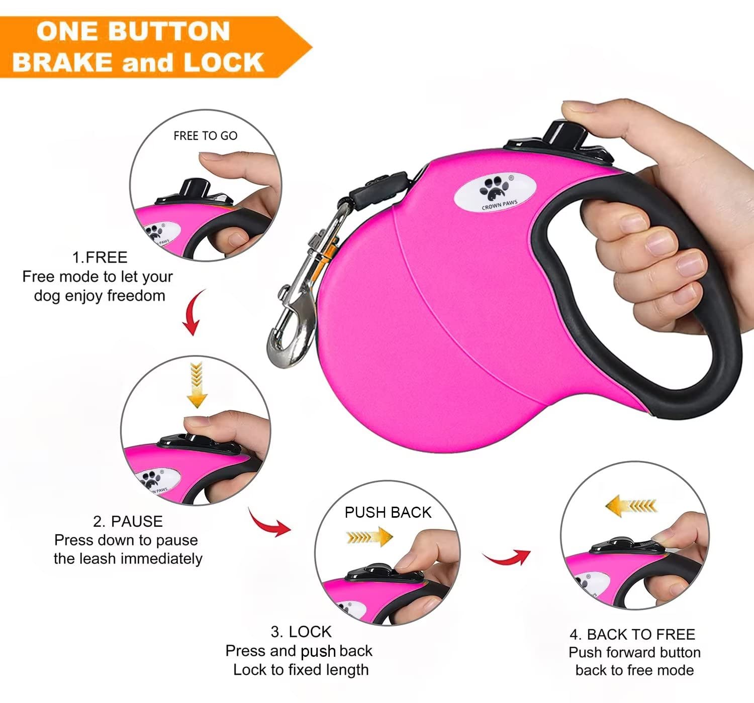 Crown Paws 16 Ft Retractable Dog Leash For Large Dogs Up To 44 Lbs,Tangle-Free Nylon Tape,Pink Dan M