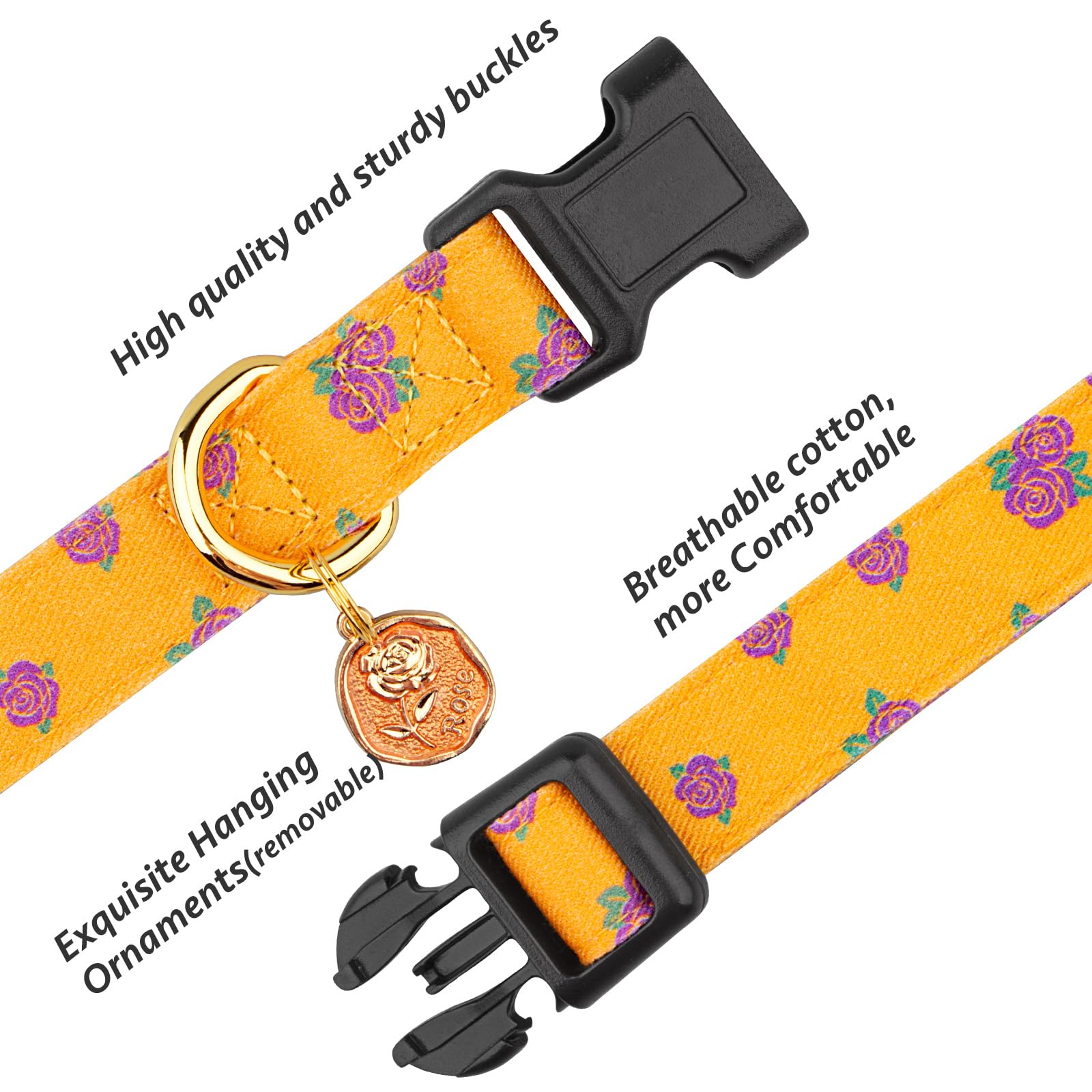 Cotton Handmade Dog Collar Cute And Distinctive Patterns Yellow Rose With Pendant For Girl Boy Dogs Collars S