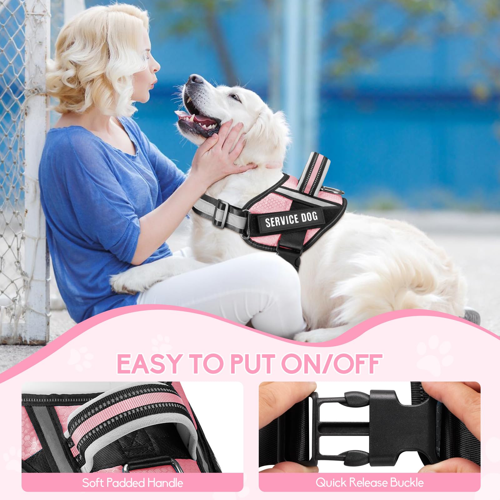 Service Dog Vest Harness And Leash Set, Animire In Training Harness With 8 Dog Patches, Reflective Leash With Soft Padded Handle For Small, Medium, Large, And Extra-Large Dogs(Pink,L)