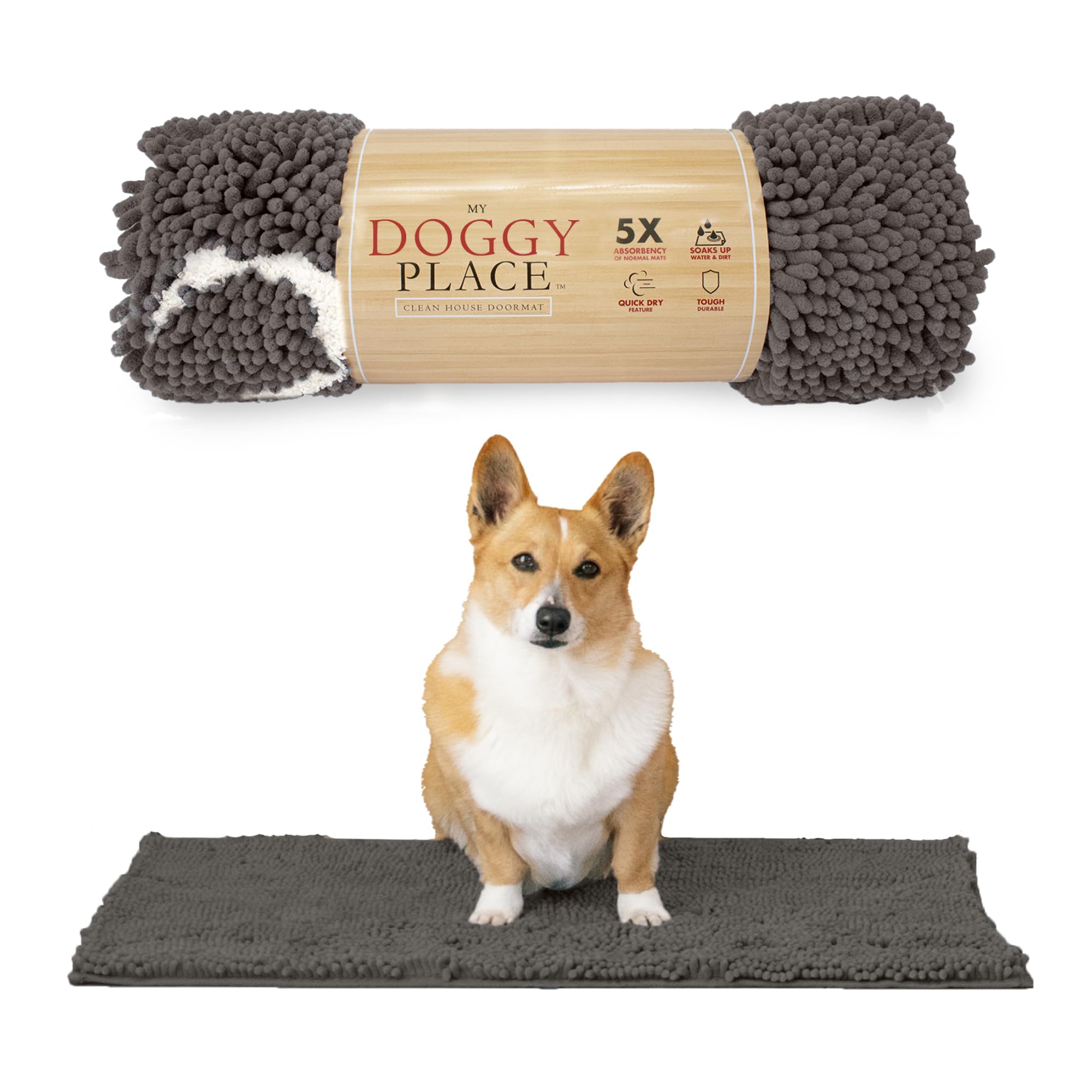My Doggy Place Microfiber Dog Mat for Muddy Paws, 31 x 20 Ash With Paw Print - Absorbent Quick-Drying Paw Cleaning, Washer and D