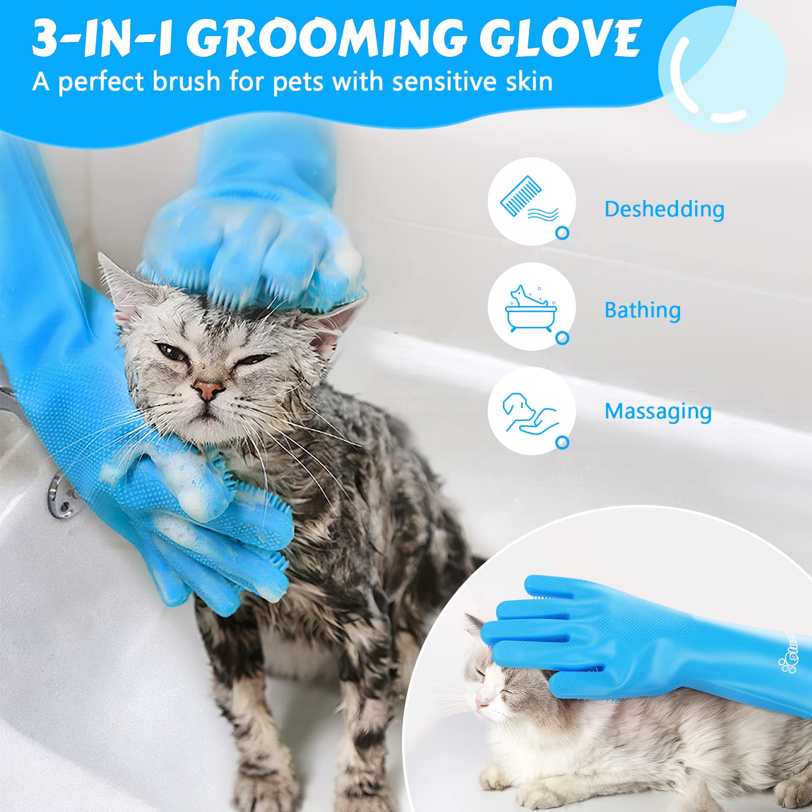 Pecute Pet Grooming Gloves Large, Heat Resistant Cat Bathing Gloves With High-Density Teeth, Silicone Dog Bathing Gloves With Enhanced Five Finger Design, For Washing, Bathing, And Massaging