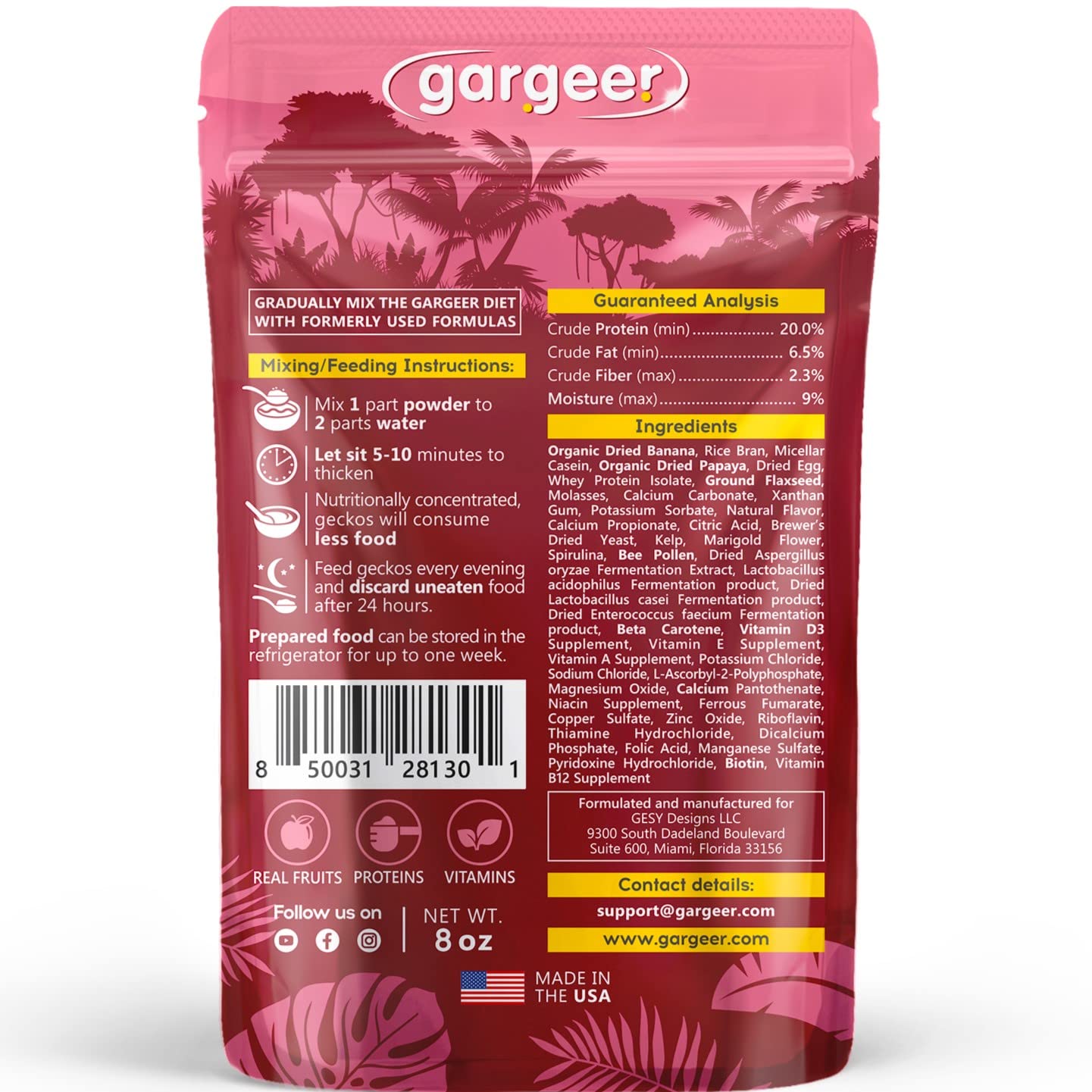 Gargeer 8oz Complete Crested Gecko Food Diet. Premium Ingredients Mix, Ready to Use Freshly Made Powder. Unique Superfood Formul