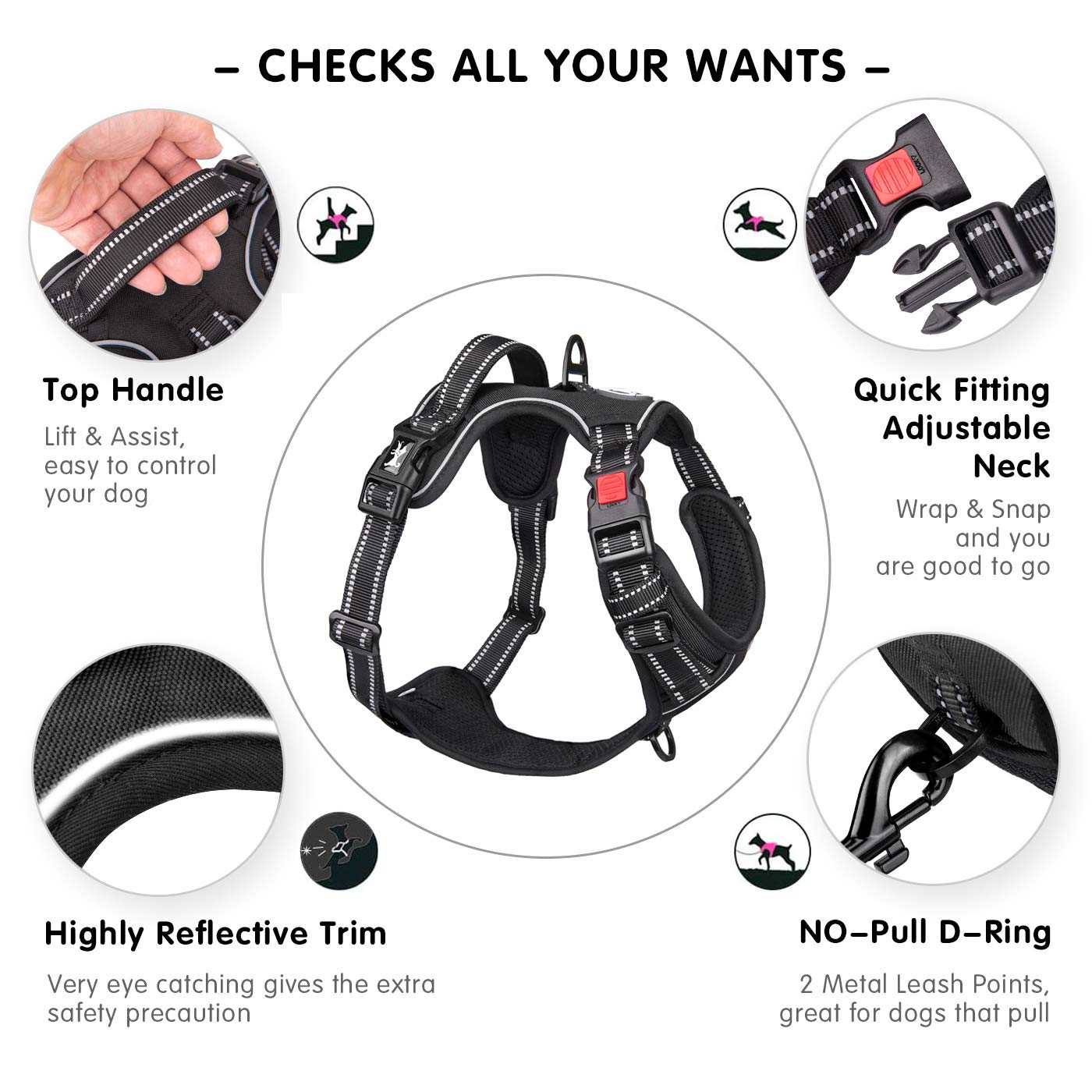 Poypet Dog Harness No Pull, Reflective Vest Harness With Front & Back 2 Clips And Easy Control Handle For Small Medium Large Bre
