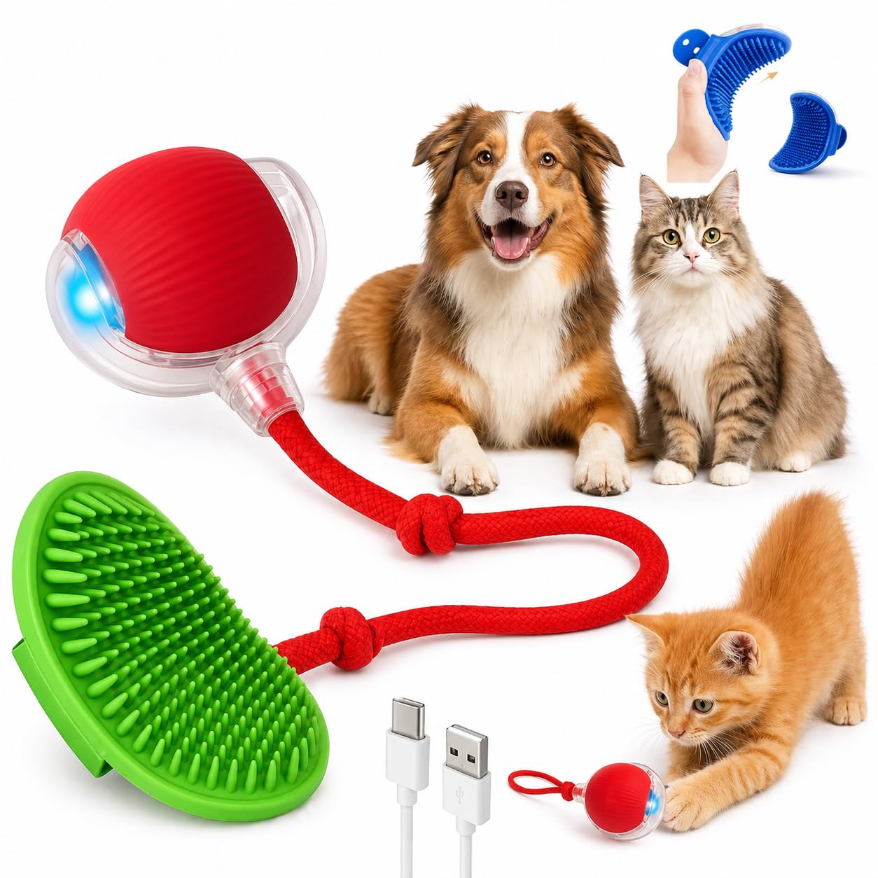 Vibehub Pet Grooming Kit For Dogs And Cats, Interactive Led Ball Toy And Silicone Bath Brush Set, Rechargeable Pet Care Accessor