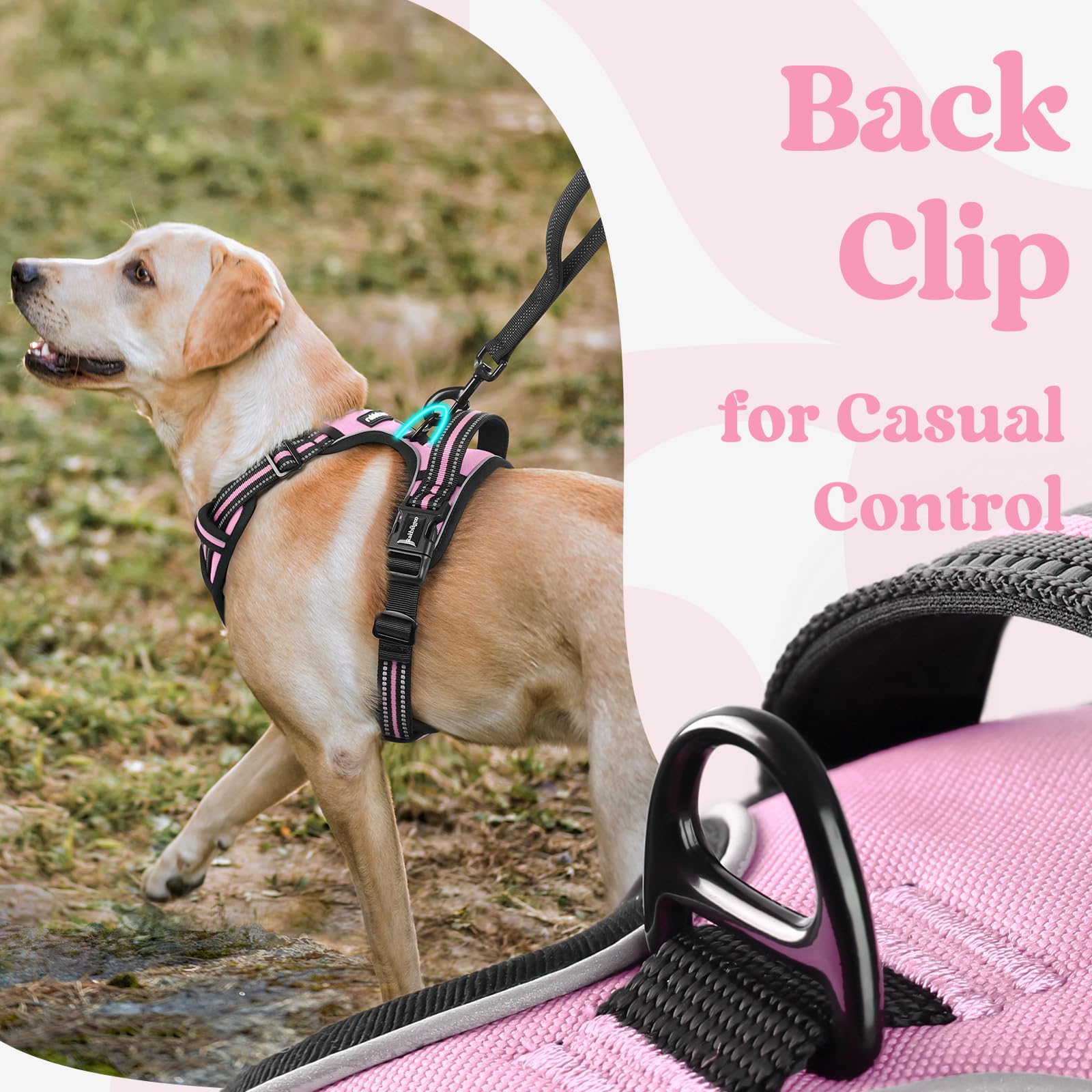 Rabbitgoo Dog Harness For Large, No Pull Pet Harness With 3 Buckles, Adjustable Soft Padded Pooch Vest With Instant Control Handle, Easy Walking Reflective Pet Vest For Large Dogs, Pink, L