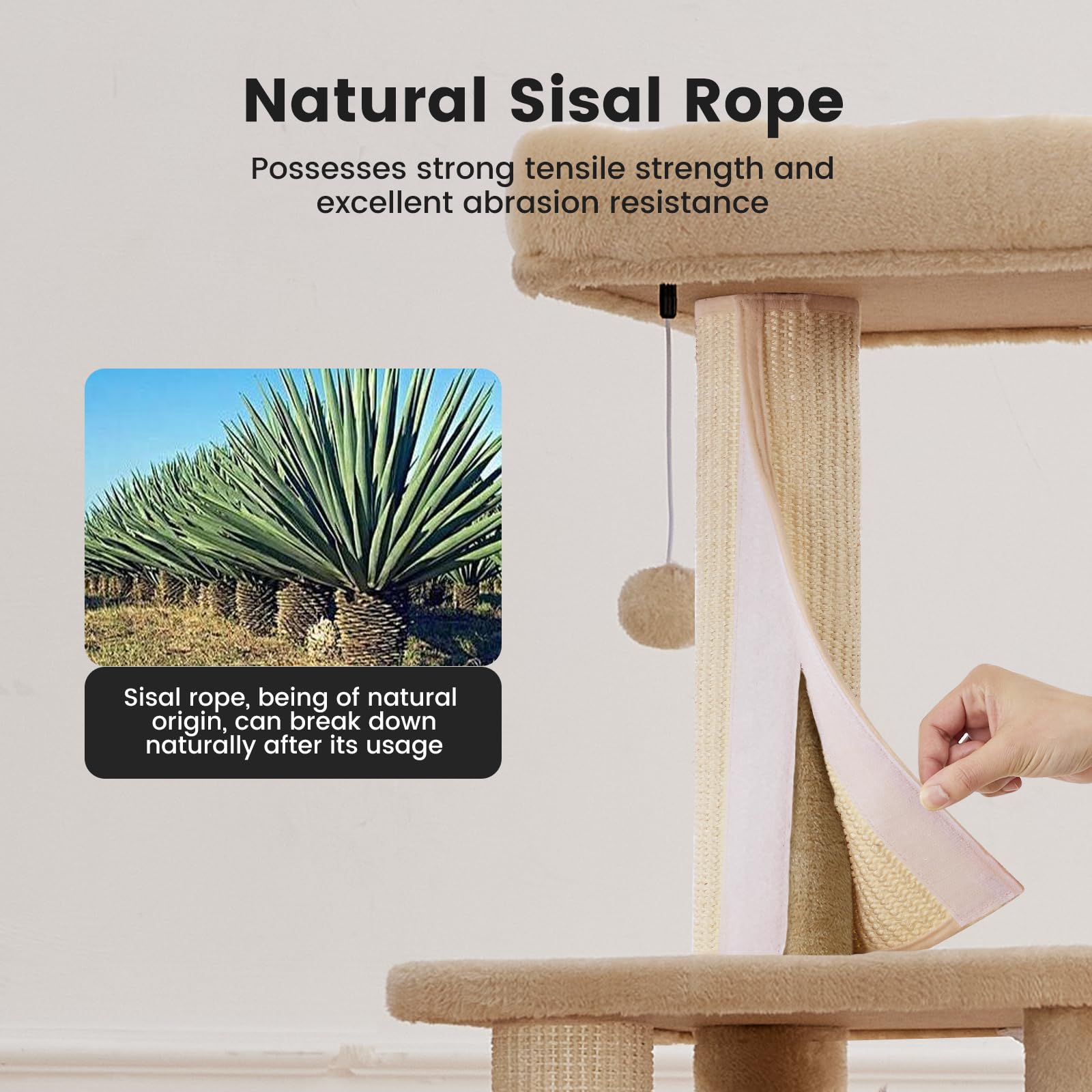 Gardner Pet 65in Heavy Duty Cat Tree Tower, Multi-Level Cat Furniture, Replaceable Sisal Post, Beige, Model GP01E0725YL