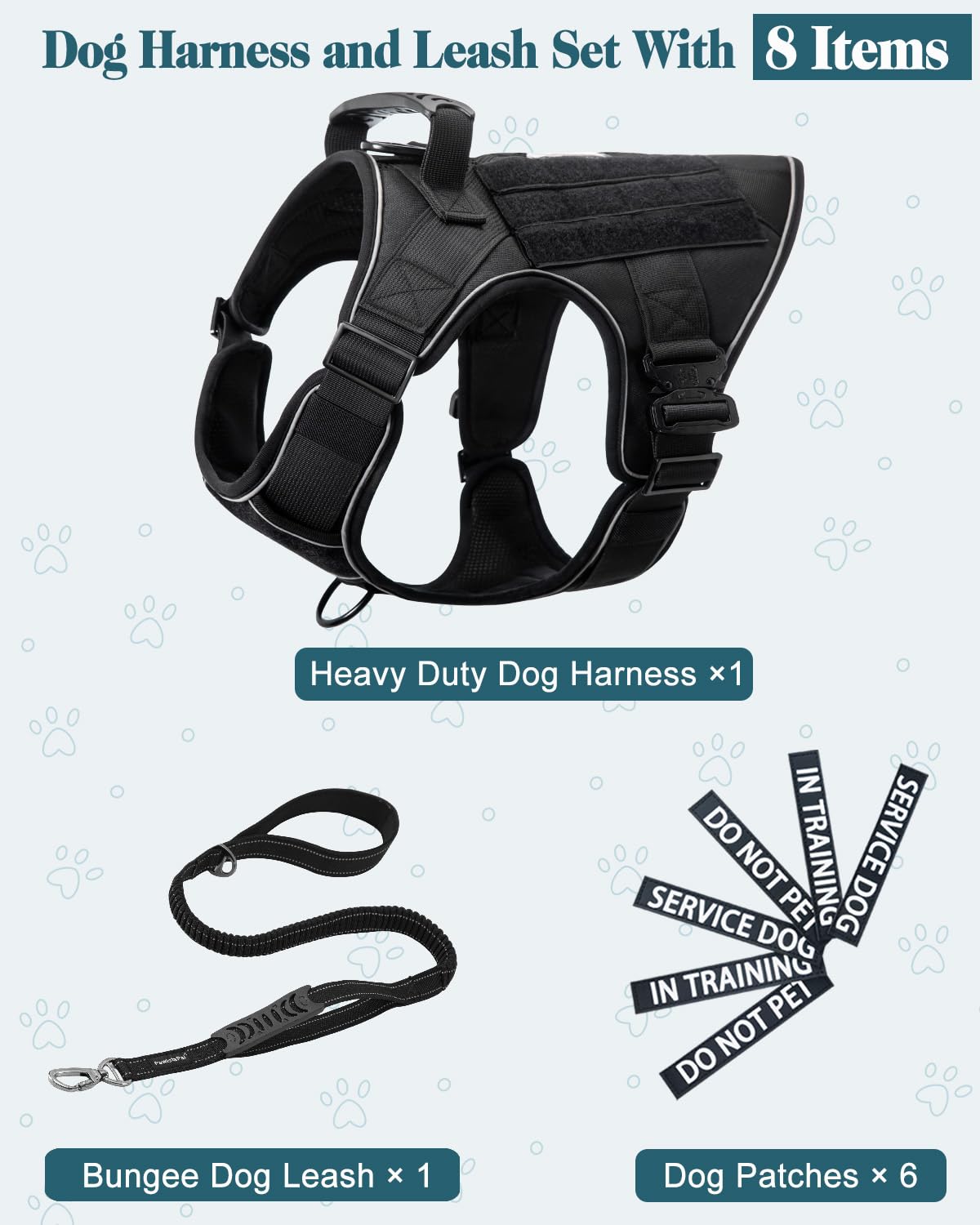 Reflective Service Dog In Training Vest Harness Leash Set For Medium Dogs, Adjustable Heavy Duty Black Padded Dog Harness, With