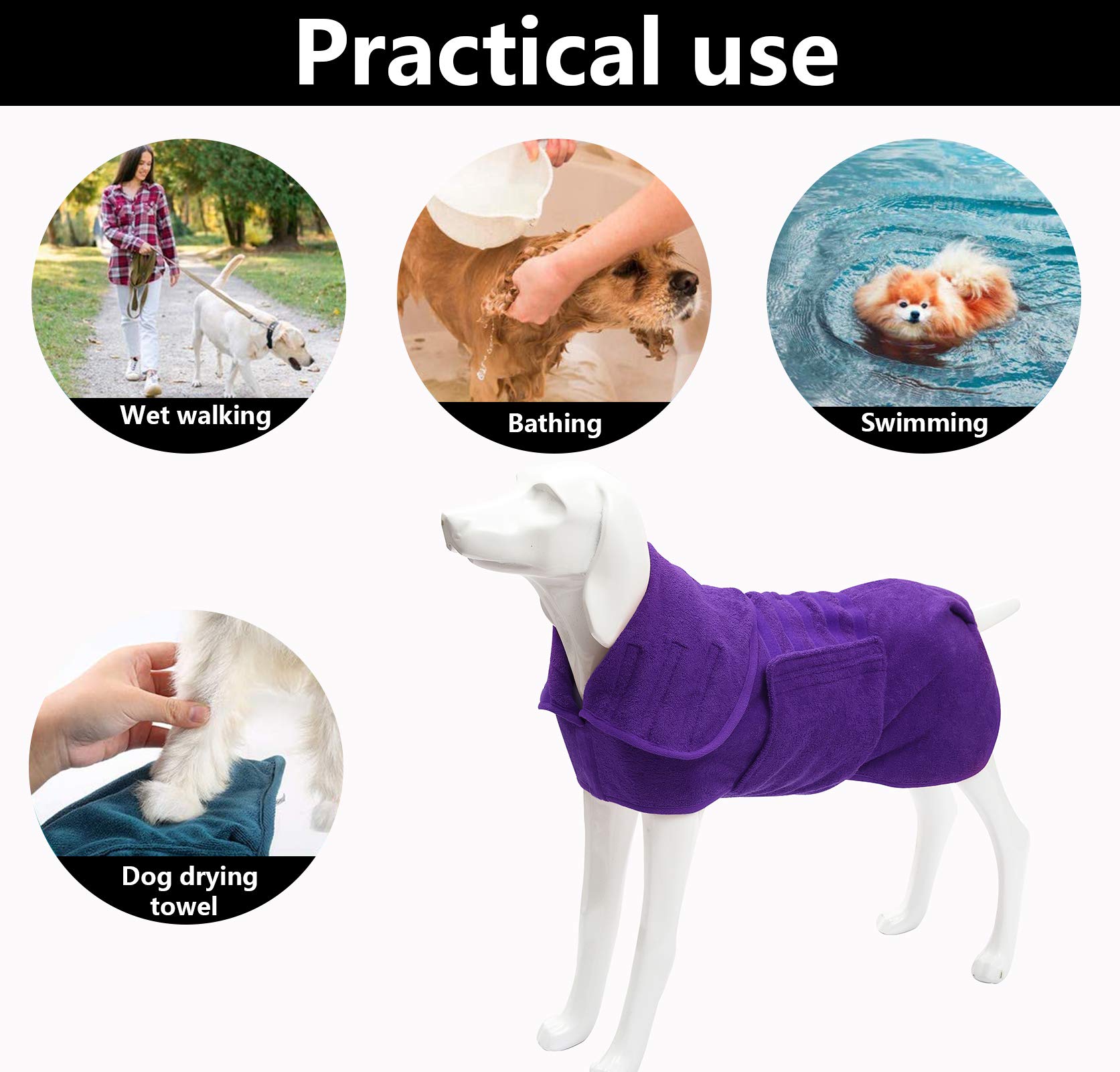 Geyecete Dog Drying Coat - Microfiber Bathrobe Towel, Super Absorbent, XX-Large, Purple
